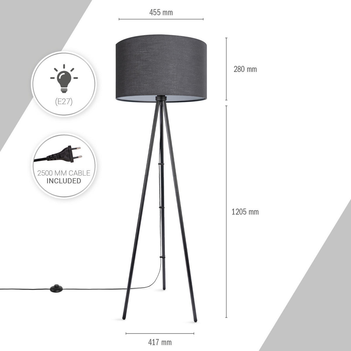 STEHLEUCHTE Trina Fl - Schwarz, Metall (41.7/36.7/148.5cm) - Paco Home