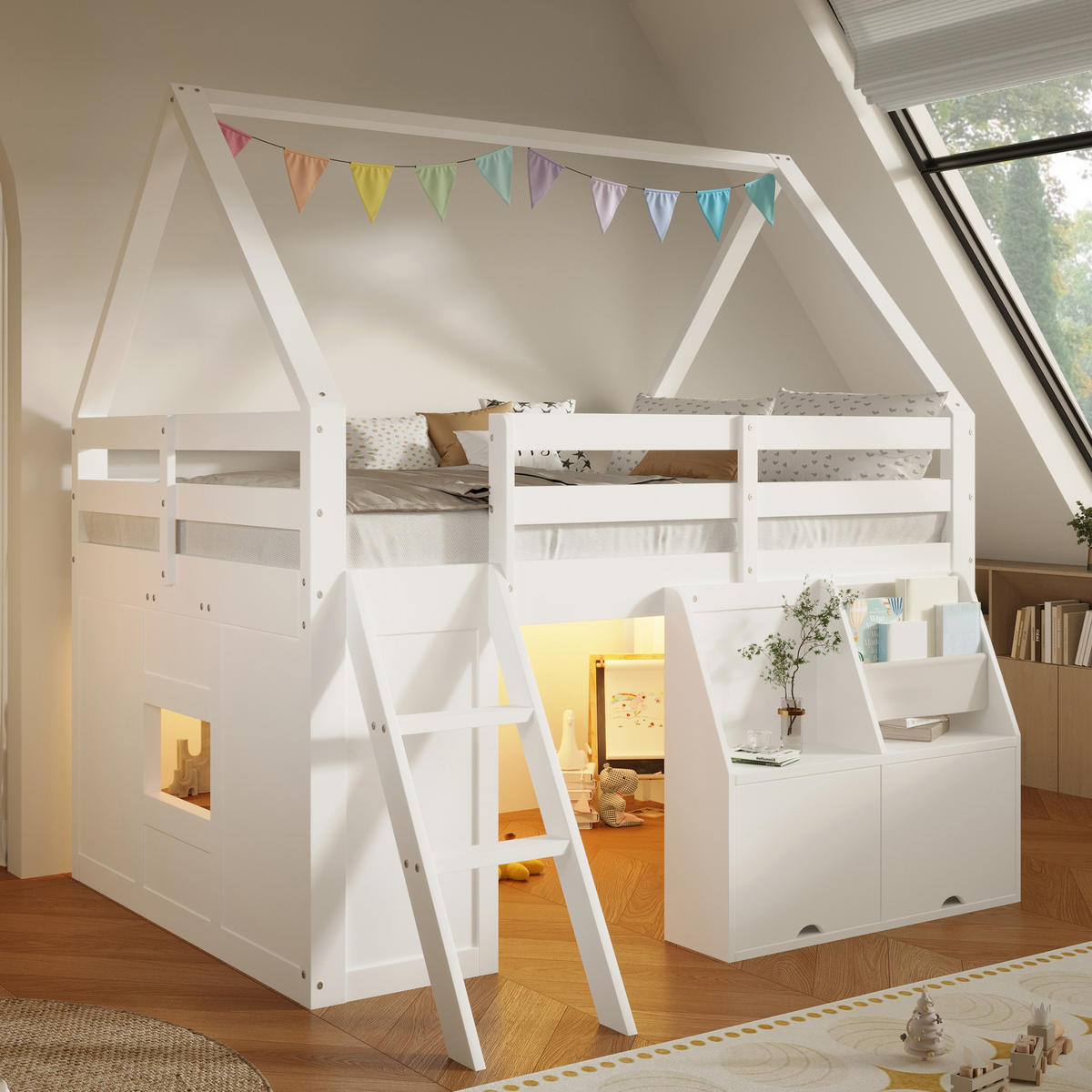 HOCHBETT 140/200 cm in Weiß mit Treppe, LED und Aufbewahrungsboxen im Hausdesign - Weiß, Holzwerkstoff (140/200cm) - STILVORA