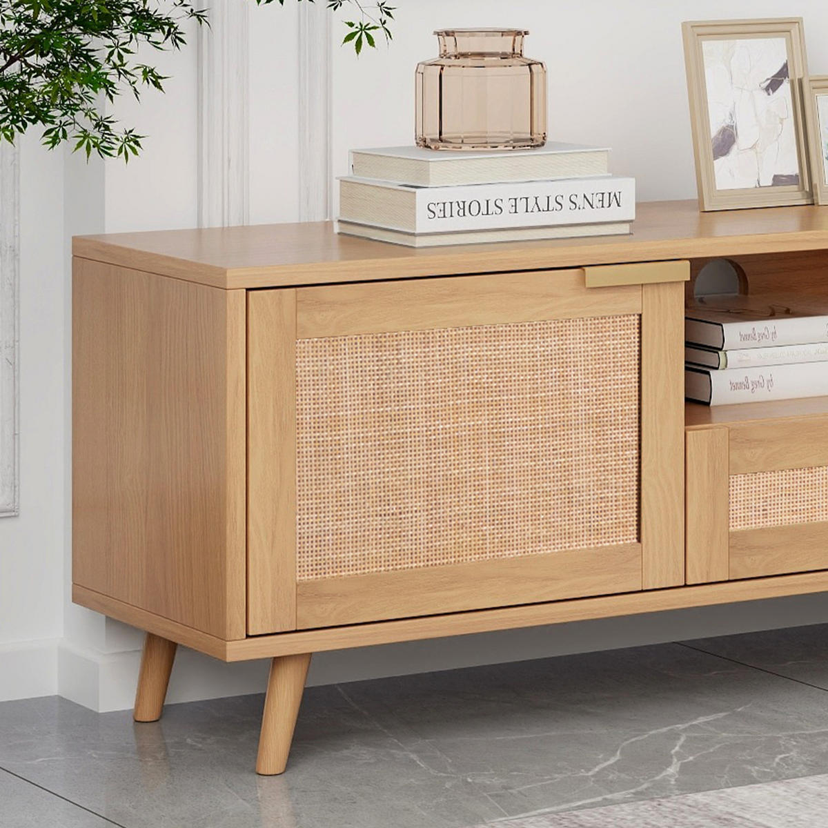 TV Lowboard Rattan, viel Stauraum, Holz - Braun, Holz (200/48/37cm)