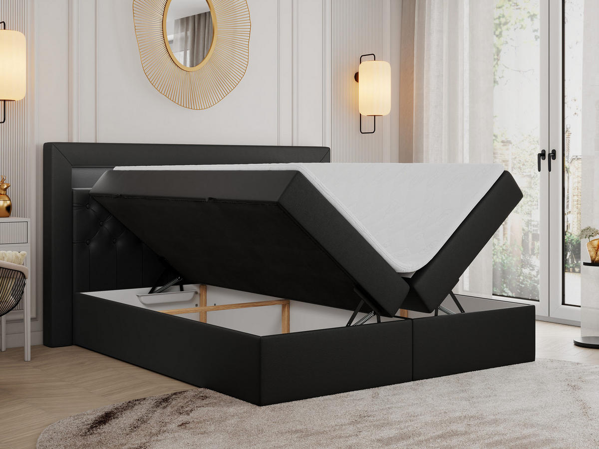 BOXBETT GOLD-6 LED 160/200 Schwarz Kunstleder - H3 - Schwarz, Holz/Textil (160/200cm) - MKS