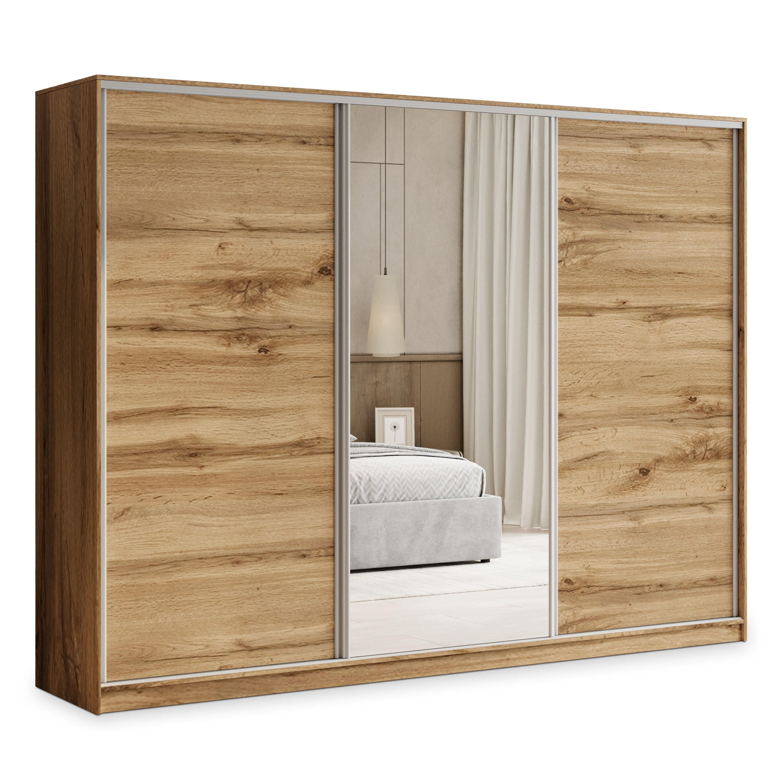 SCHWEBETÜRENSCHRANK TARI 250/205/58 cm 3-türig mit Spiegel und Schubladen Eiche Wotan - Eiche Wotan/Silberfarben, Holzwerkstoff (250/205/58cm) - MASSENO