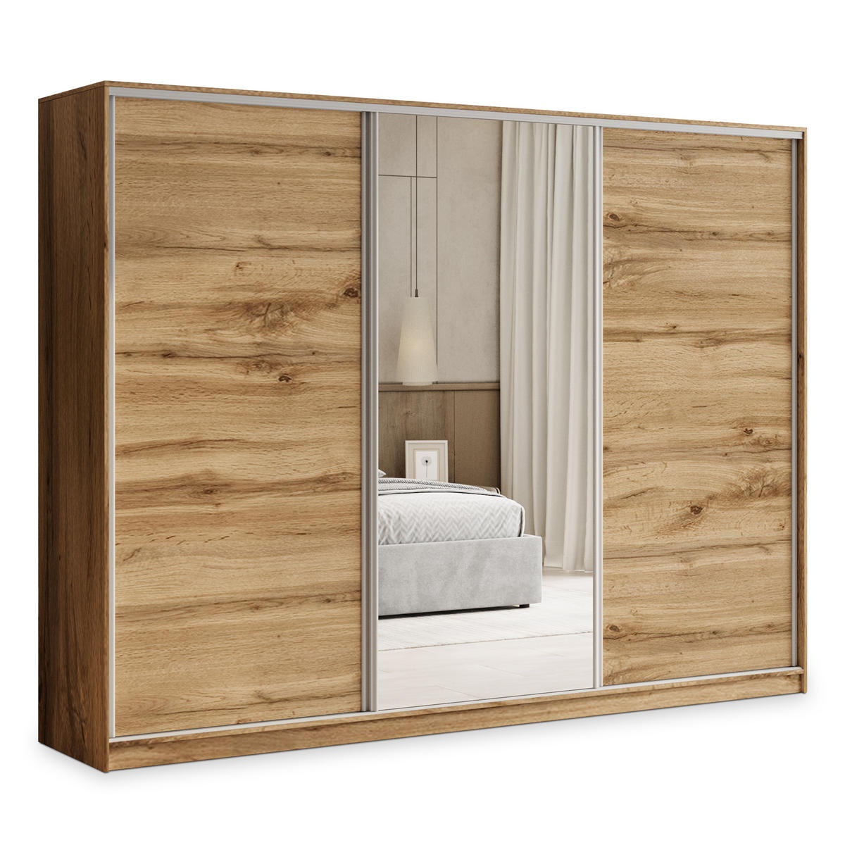 SCHWEBETÜRENSCHRANK TARI 250/205/58 cm 3-türig mit Spiegel und Schubladen Eiche Wotan - Eiche Wotan/Silberfarben, Holzwerkstoff (250/205/58cm) - MASSENO