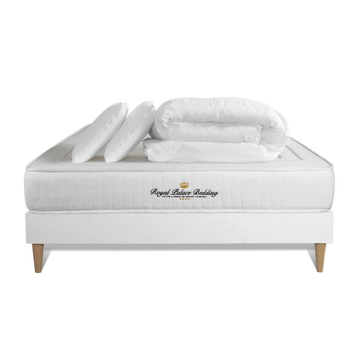 BETT Lancaster Taschenfederkern und Memory-Schaum 140 x 200 cm h3 - Kit Bettgestell Weiß - Mit Kissen und Bettdecke - Beige/Weiß, Karton/Holz (140/200cm) - ROYAL PALACE BEDDING