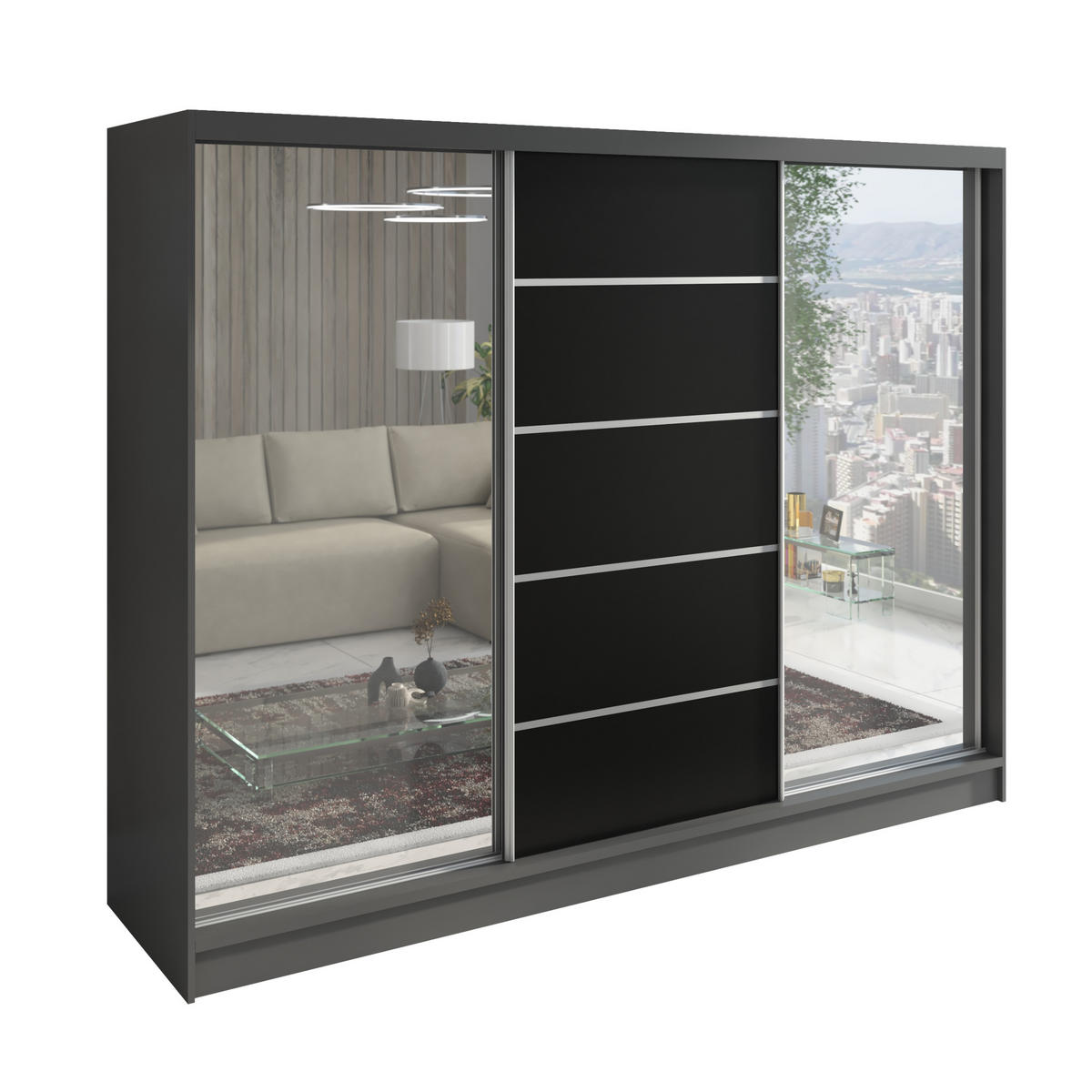 SCHWEBETÜRENSCHRANK 200 CM TOP Farbe: Graphit, Schwarz - Graphitfarben/Schwarz, Holzwerkstoff (200/215/60cm) - A&J MöbelLand