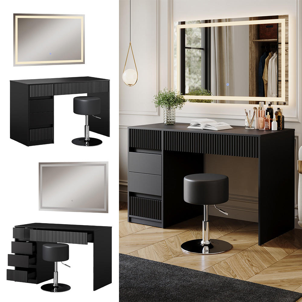 SCHMINKTISCH Omira Schwarz 120 cm mit LED-Spiegel und Hocker - Schwarz, Holzwerkstoff (120/76/55cm) - Vicco