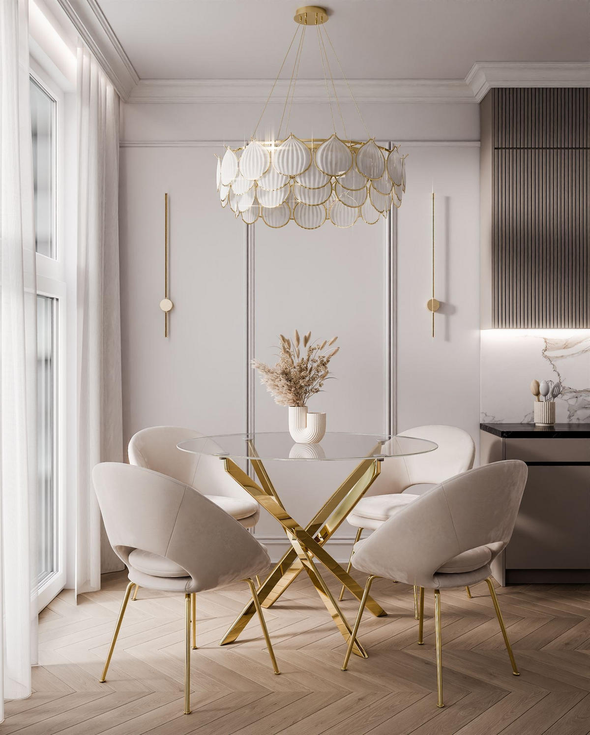 ESSTISCH BEIRA Runder Tisch 90 cm mit Glasplatte und Gold Tischbeine - Chromfarben/Goldfarben, Glas (90/90/72cm) - Lookway
