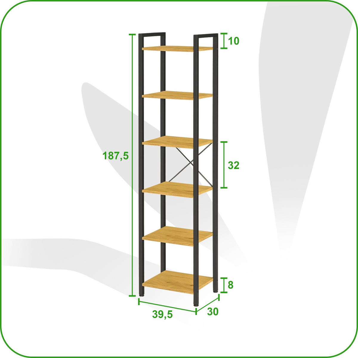 STANDREGAL Holzoptik Metall Eichefarben Schwarz mit 6 Böden 187,5 x 39,5 x 30 cm - Eichefarben/Schwarz, Holzwerkstoff/Metall (40/187.5/30cm) - Begryf