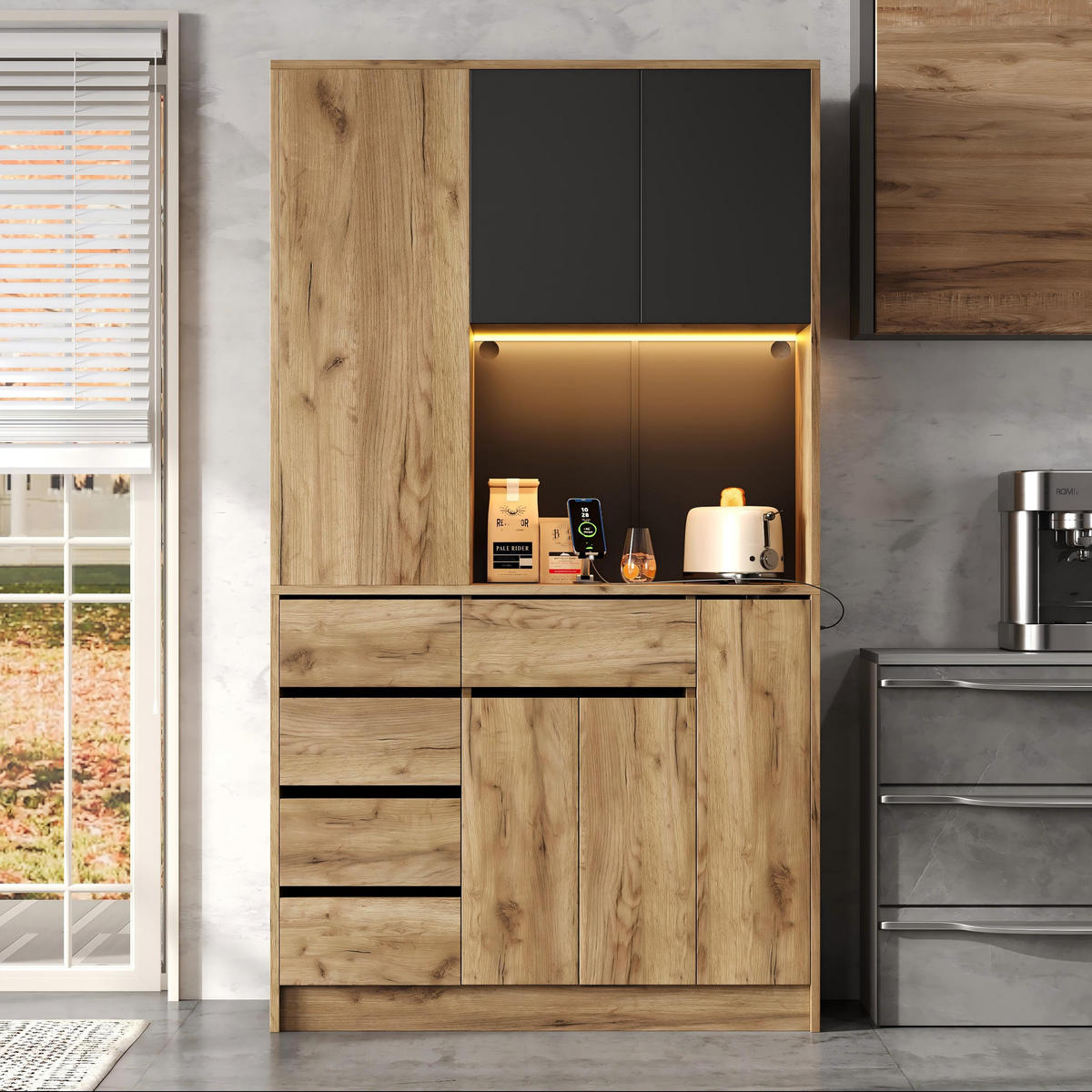 HIGHBOARD DE-38663 185/105/40 cm LED-Beleuchtung und 4-stöckiges Gewürzregal Natur - Naturfarben, Holzwerkstoff (105/185/40cm) - ComfortXL