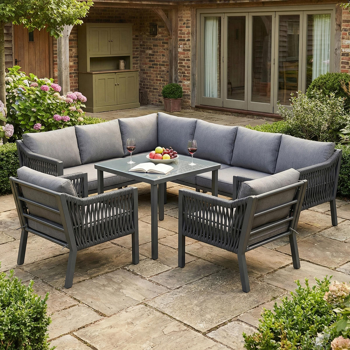 DINING-LOUNGESET L-Shaped 8-Person, inkl. 1 Esstisch & 2 Sesseln - Grau, Textil - Coonoor