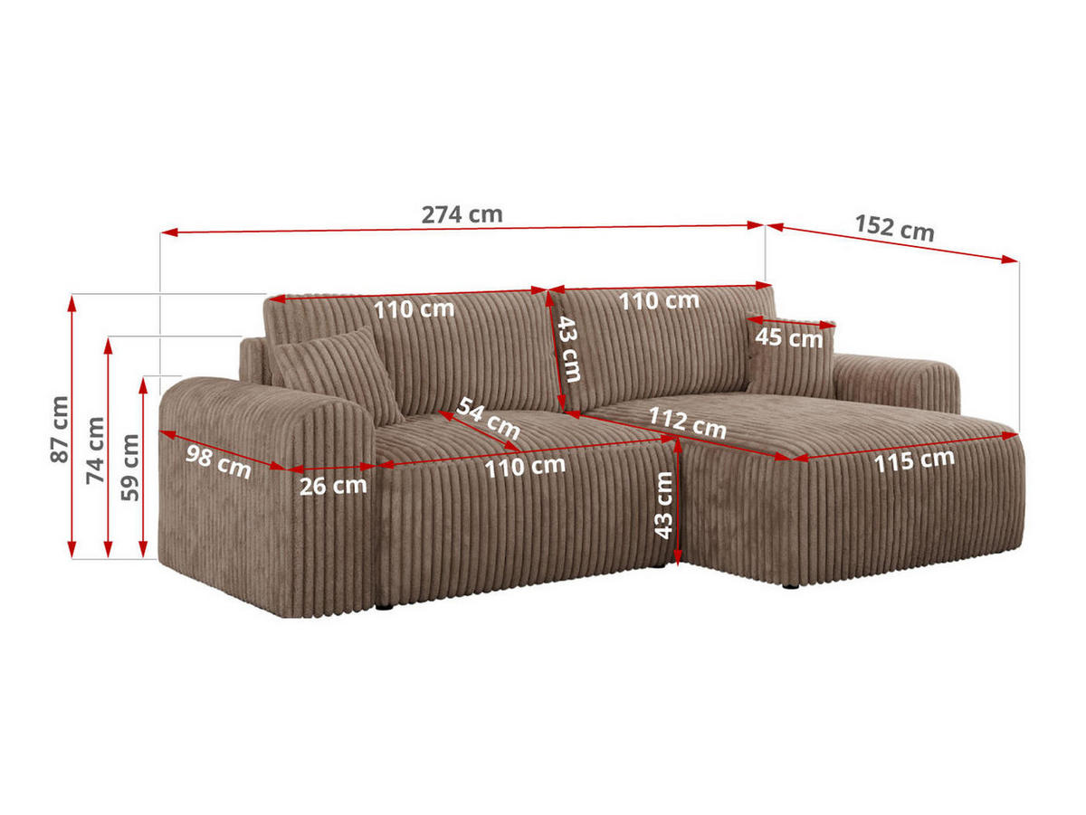 ECKSOFA NELSON Braun Cord - Schwarz/Braun, Kunststoff/Textil (274/152cm) - MKS
