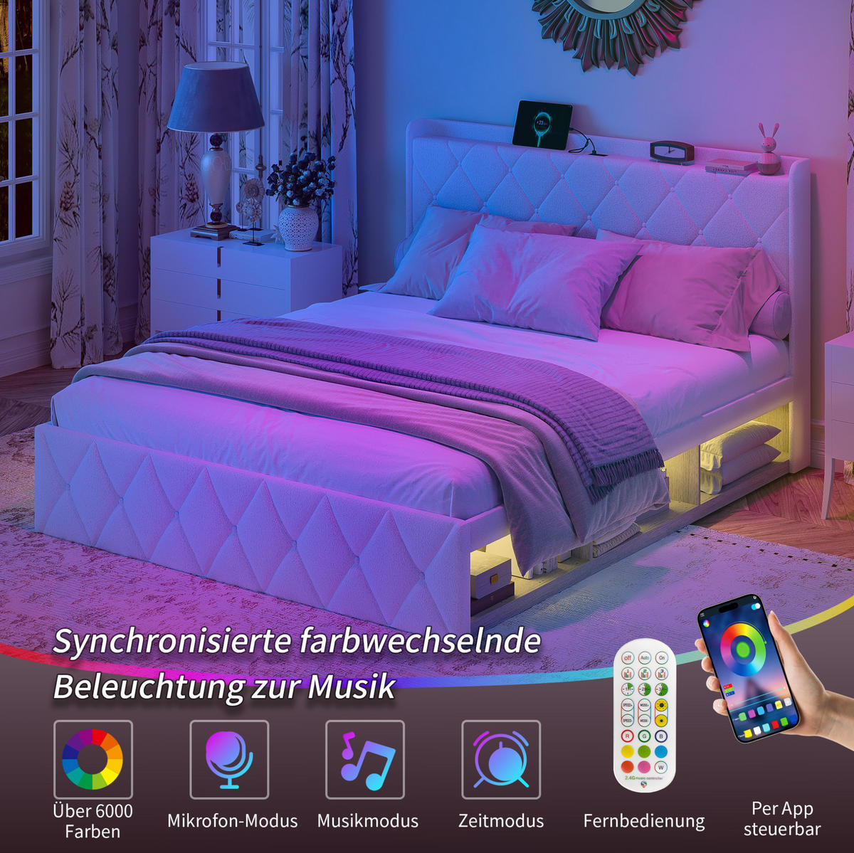 POLSTERBETT 160/200 cm aus Teddy-Stoff mit USB-Ladefunktion und LED-Beleuchtung Weiß - Weiß, Fell (160/200cm) - Modenvie
