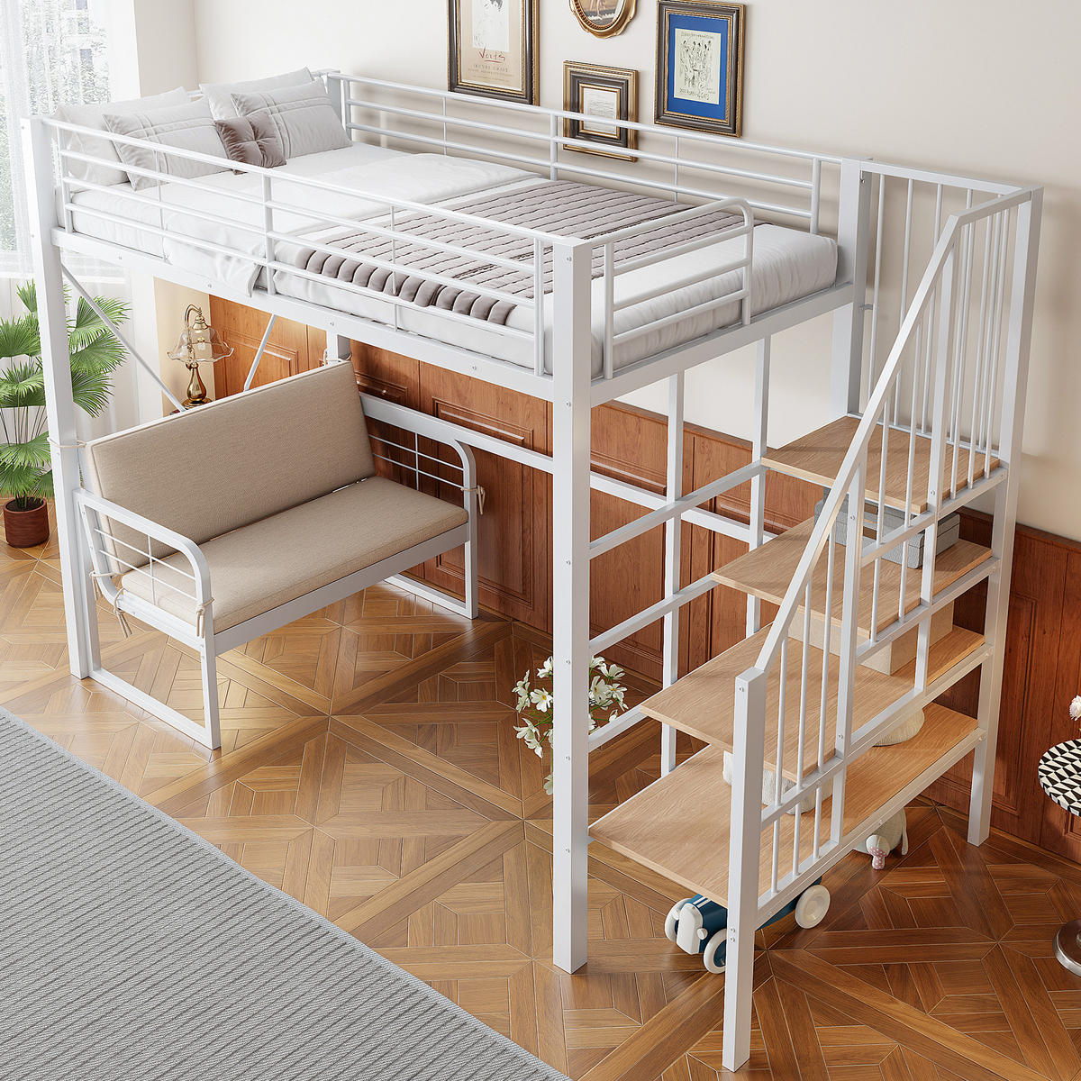 ETAGENBETT 90/200 cm mit abnehmbarem Polstersofa, Stauraumtreppe und Metall-Rahmen, Weiß - Weiß, Holzwerkstoff (90/200cm) - Redom