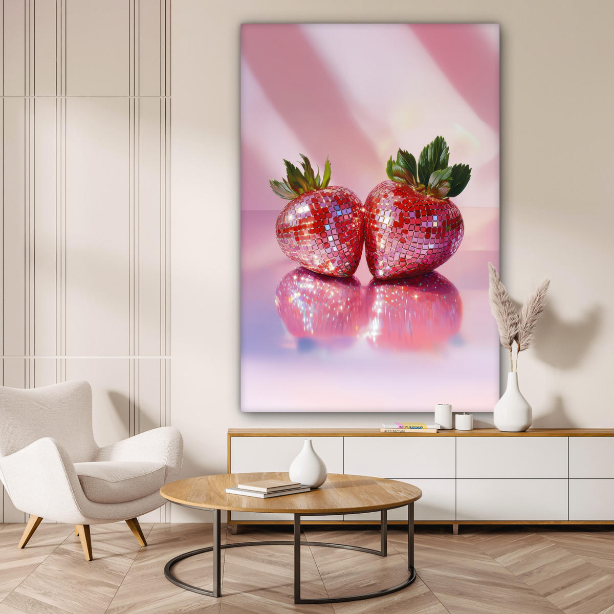 LEINWANDBILD Disco - Obst - Glitzer - Erdbeere 90x140 cm - Pink, Textil (90/140cm) - MuchoWow