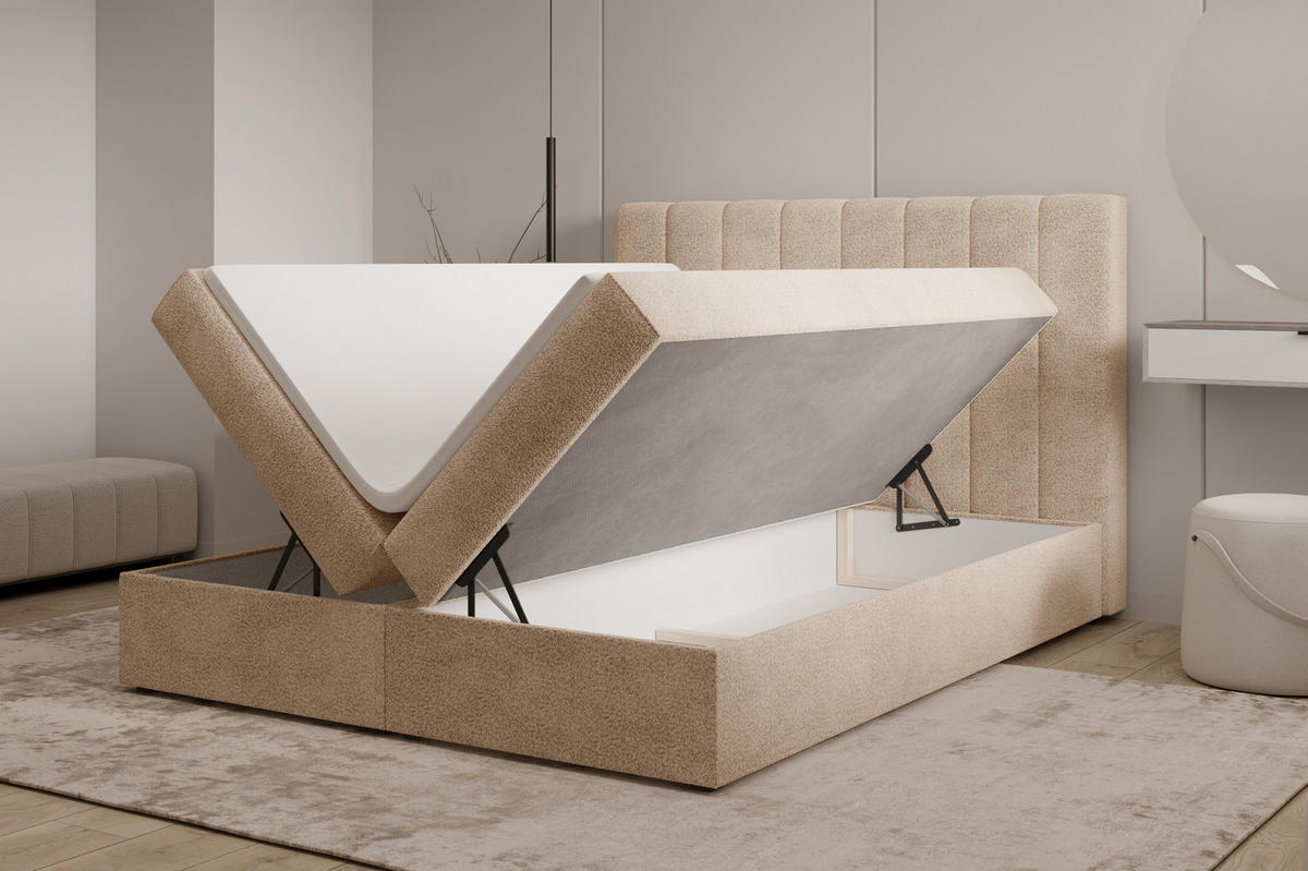 BOXBETT 01 180 x 200 cm - Arena – Stilvoll und bequem Mit Bettkasten, PU-Topper, Federmechanismus, waschbarer Bezug - Beige, Holz (180/200cm) - ROYAL24_MARKT