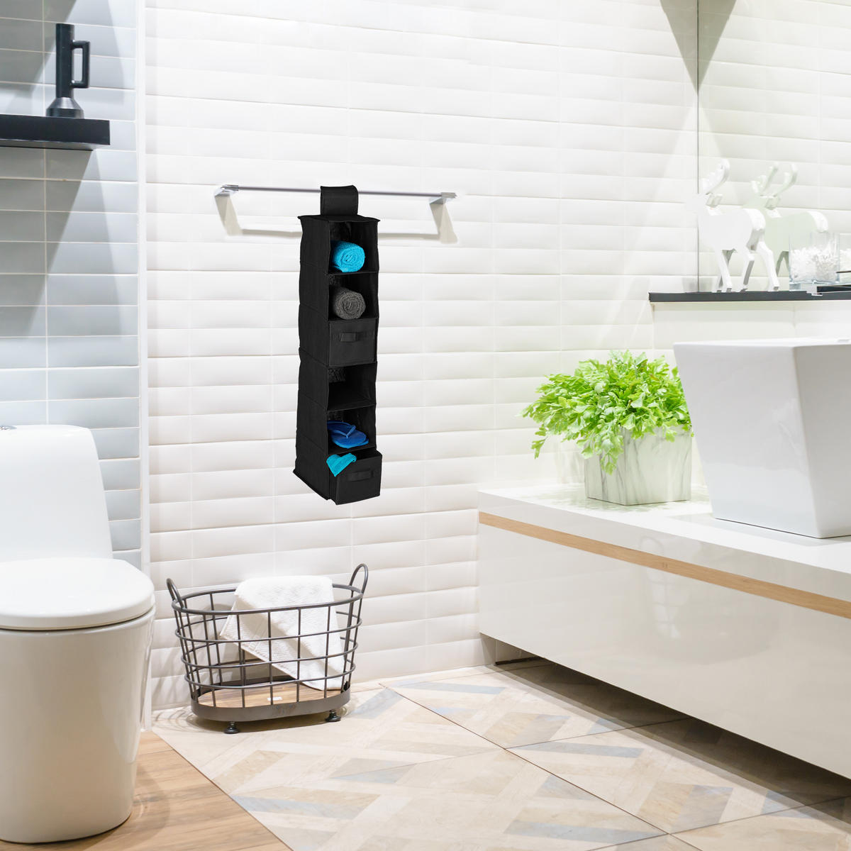 ZÁVESNÝ regál - čierna, textil/vlnitá lepenka (14.5/82/30cm) - Relaxdays