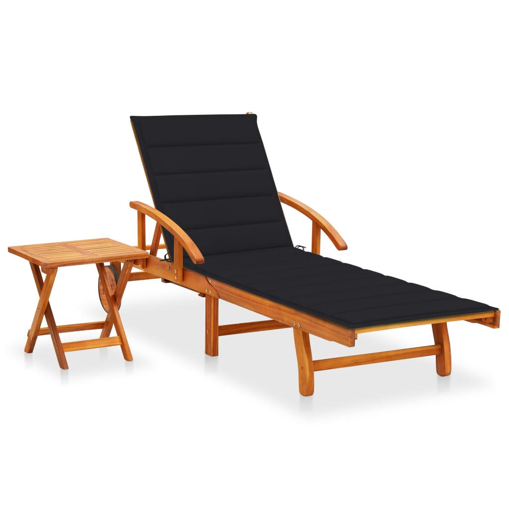 SONNENLIEGE mit Tisch und Auflage Akazie Massivholz - Schwarz, Holz (67/85/200cm) - furnicato
