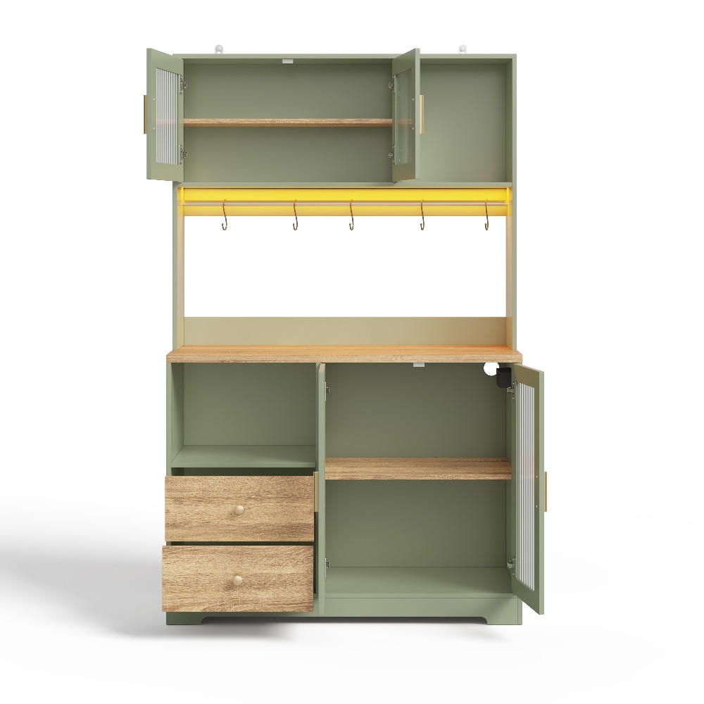 KÜCHENSCHRANK mit LED, Hochschrank, Vitrine mit Glastüren, Weinregal, Grün-Holzoptik, 110/40/178 cm - Grün, Kunststoff (40/178/110cm) - Rolipo