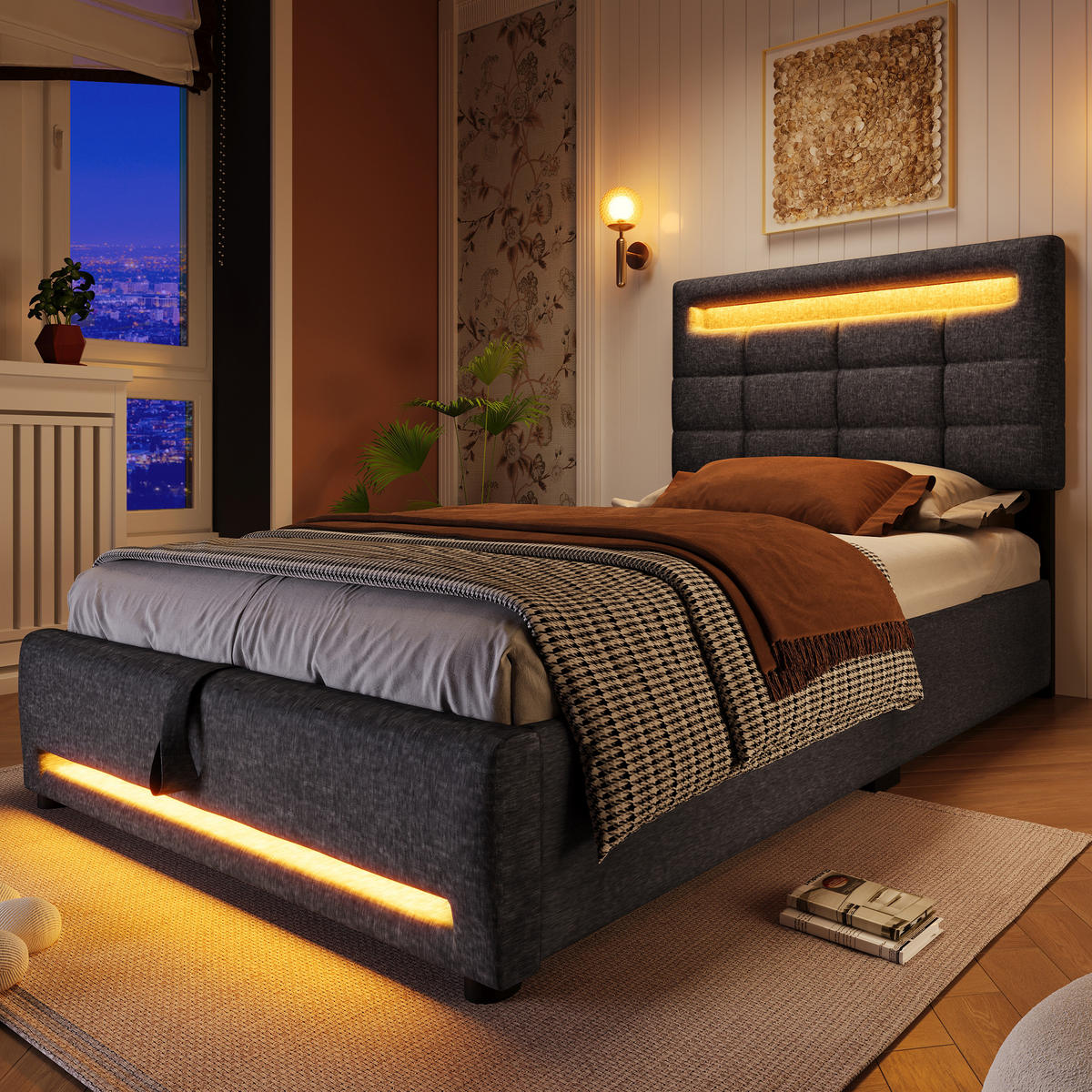 POLSTERBETT 90x200cm Grau Leinen APP-Fernbedienung LED Hydraulik USB - Grau, Holz (90/200cm) - FLIEKS