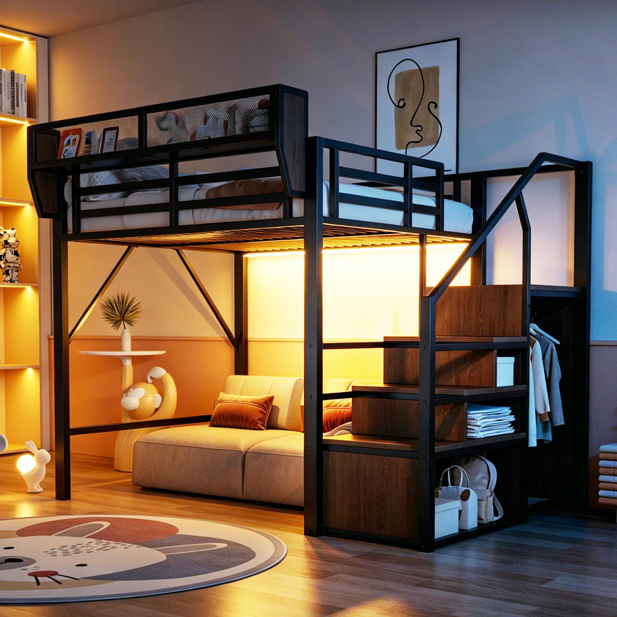 HOCHBETT Schwarz aus Metall 140×200cm mit Sicherheitsleiter, flexiblem Regal und farbwechselnder LED-Beleuchtung - Schwarz, Metall (140/200cm) - Luhomfu