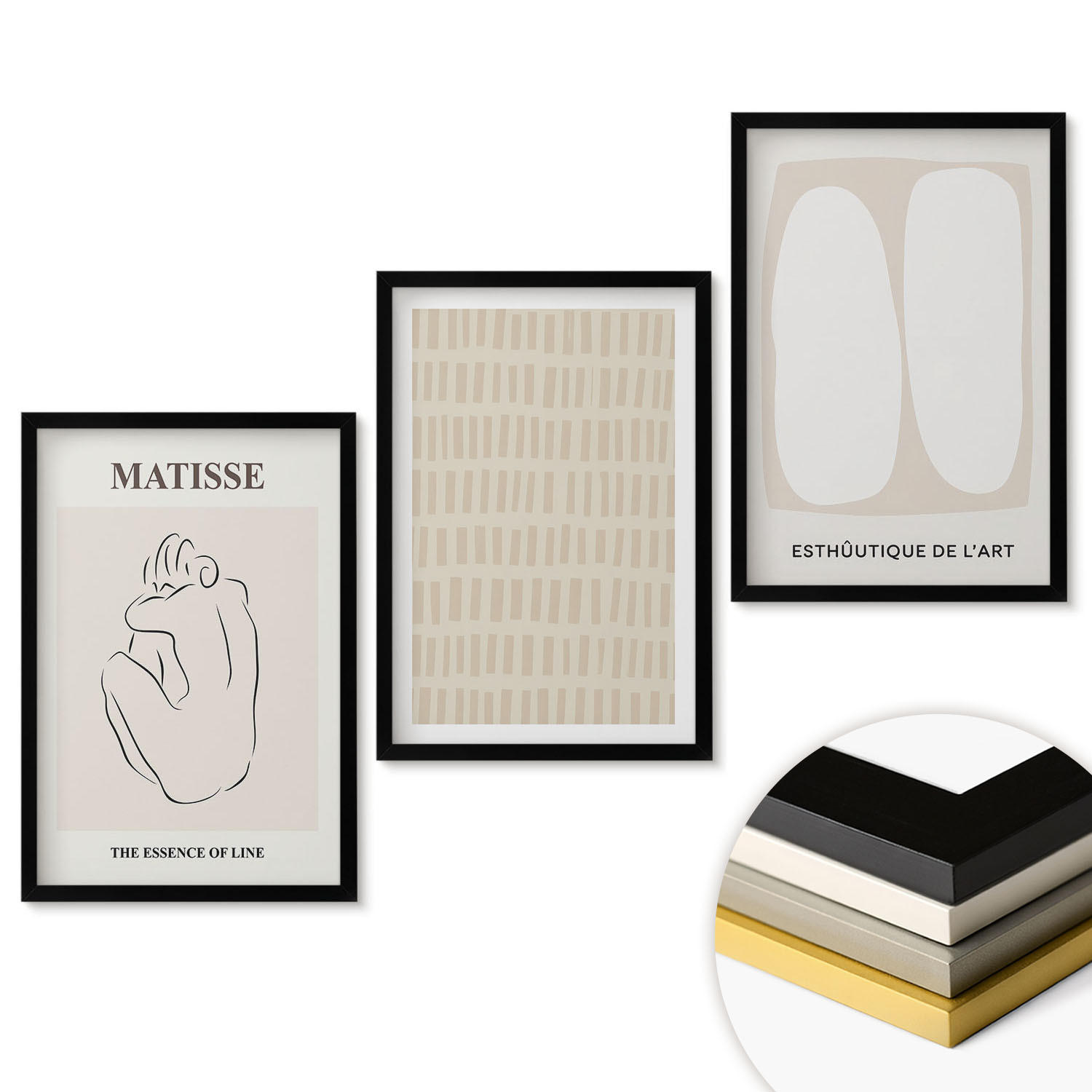 WANDBILDER 3er-Set - 40x60 cm Schwarzer Rahmen - Linien, Formen, Beige, Weiß - Schwarz, Kunststoff (40/60cm) - ArtPrintCave