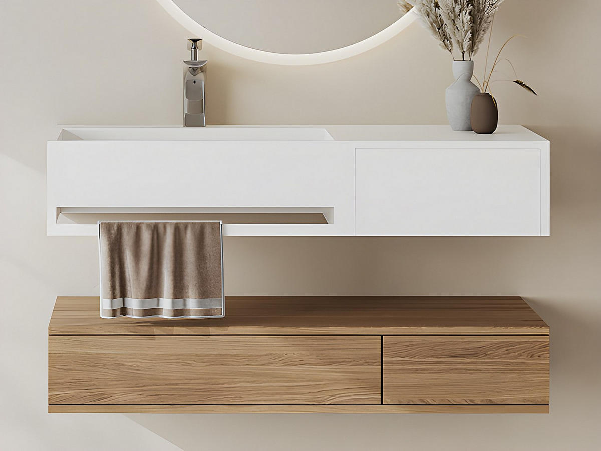 WASCHTISCHPLATTE mit Handtuchhalter - 90 x 40 x 17 cm - Weiß - GANDAKI - Weiß, Stein (90/17/40cm) - Vente-Unique