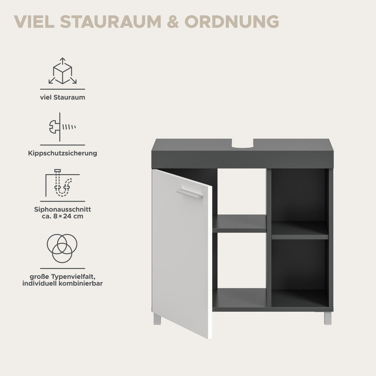WASCHBECKENUNTERSCHRANK Noah weiß 65/31/63 cm - Anthrazit, Holzwerkstoff (65/63/31cm) - Xonox