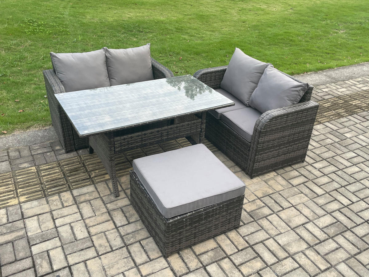 GARTENSET mit Zweisitzer,Hocker,Esstisch Polyrattan 5-Sitzer - Dunkelgrau/Grau, Glas/Kunststoff - Fimous