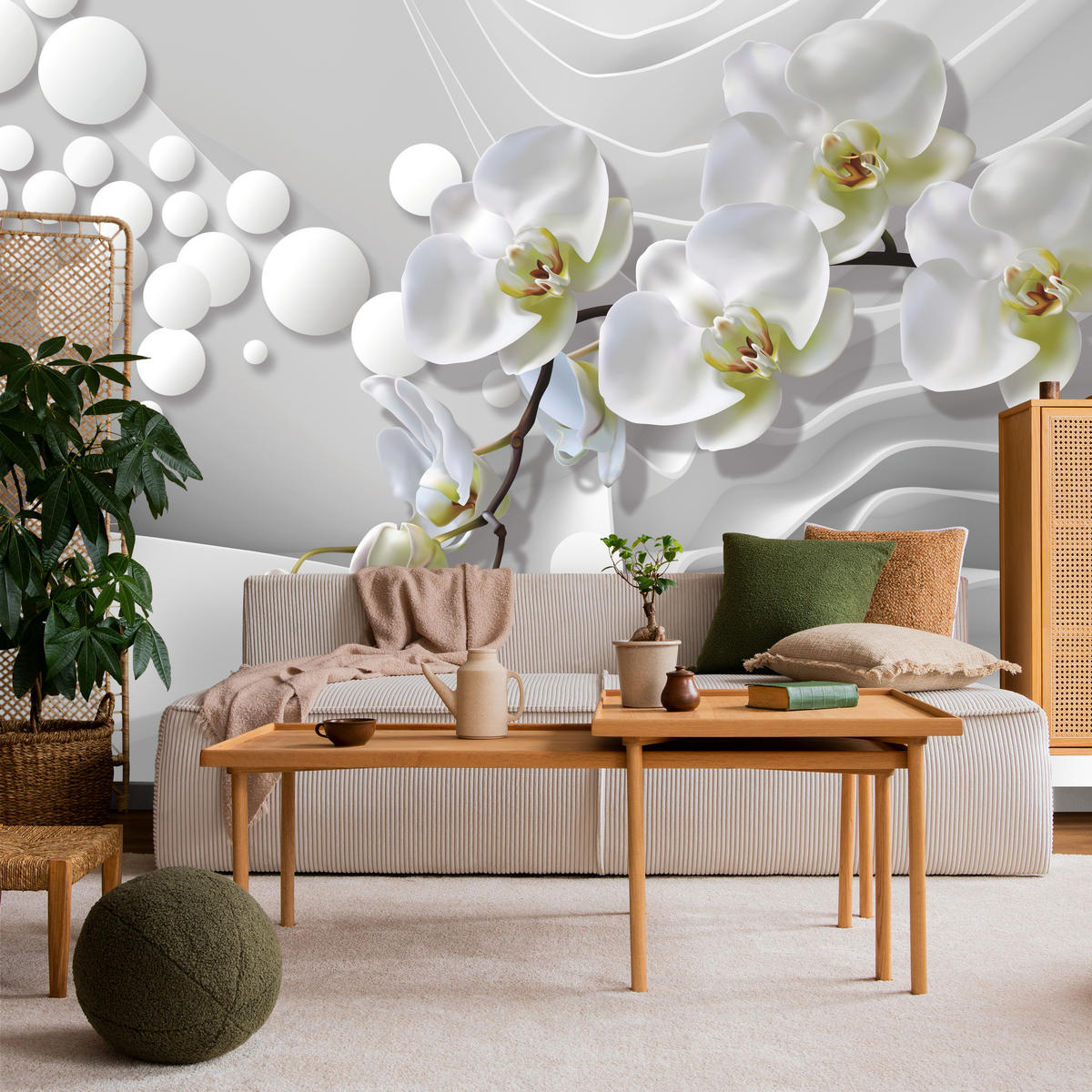 FOTOTAPETE für Badezimmer Geometrische Abstraktion Weiße Orchideen Blumen 300x210 - Gelb/Weiß, Papier (300/210cm) - Muralo