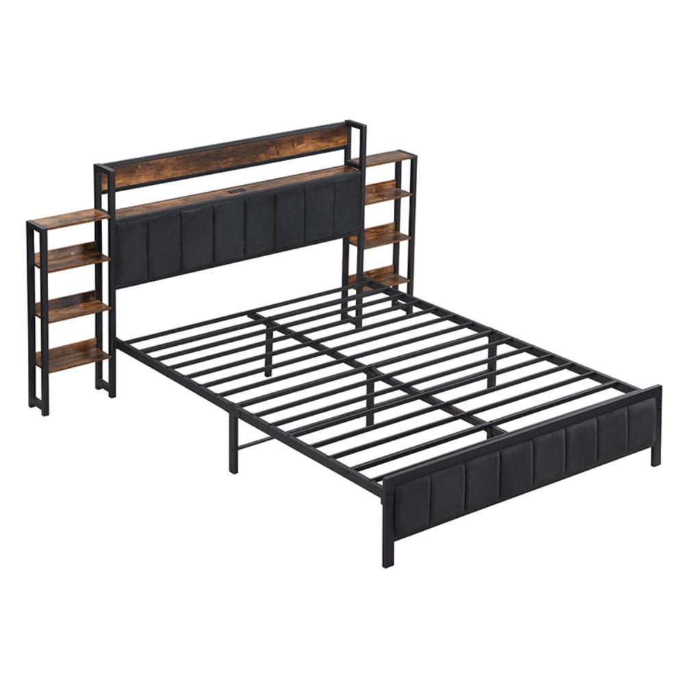 METALLBETT 140x200cm in Schwarz + Walnus，Kopfteil mit Regal - Schwarz, Metall (140/200cm) - KOMHTOM