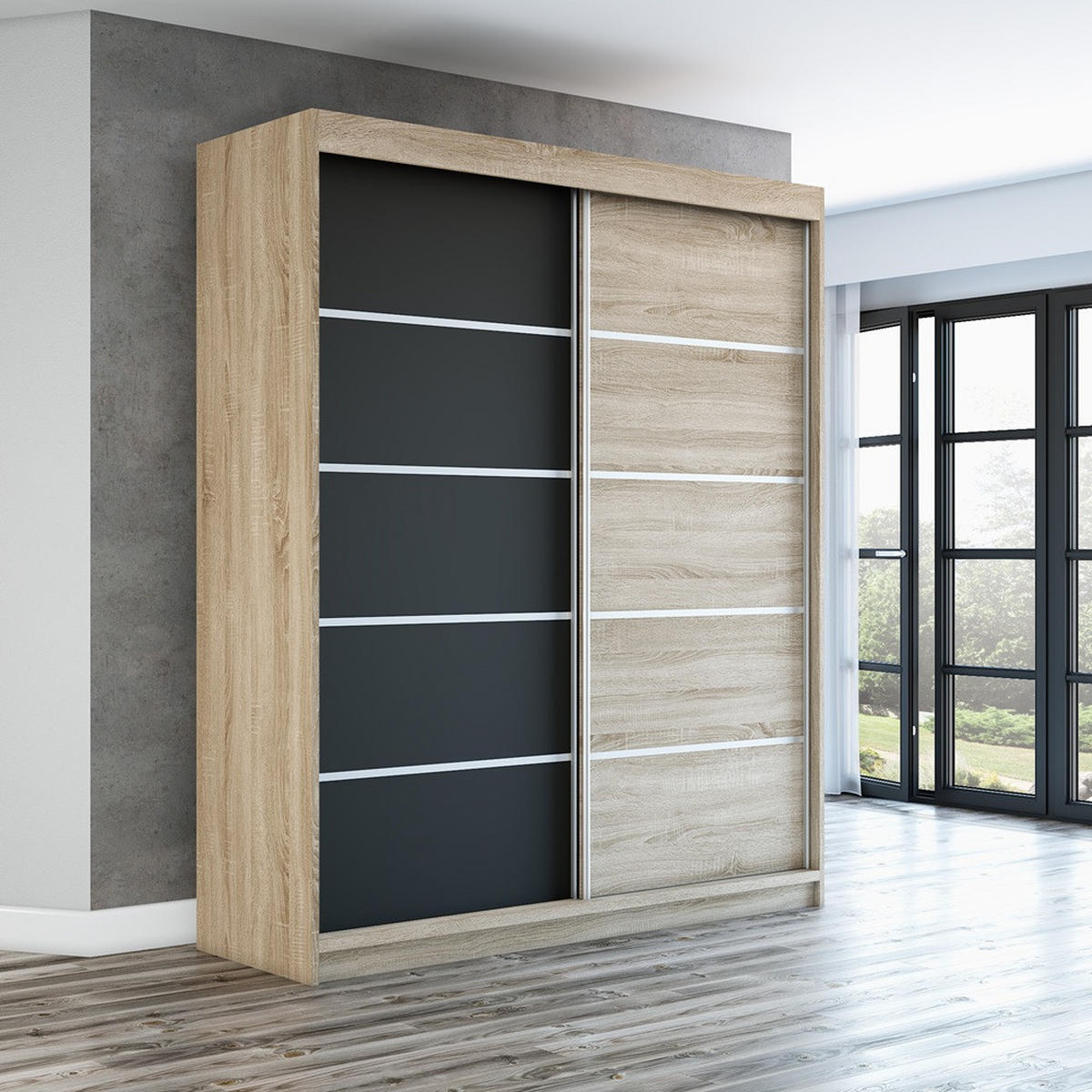 SCHWEBETÜRENSCHRANK 180 CM TREND Farbe: Sonoma , schwarz , sonoma - Schwarz/Braun, Holzwerkstoff (180/215/59.5cm) - A&J MöbelLand