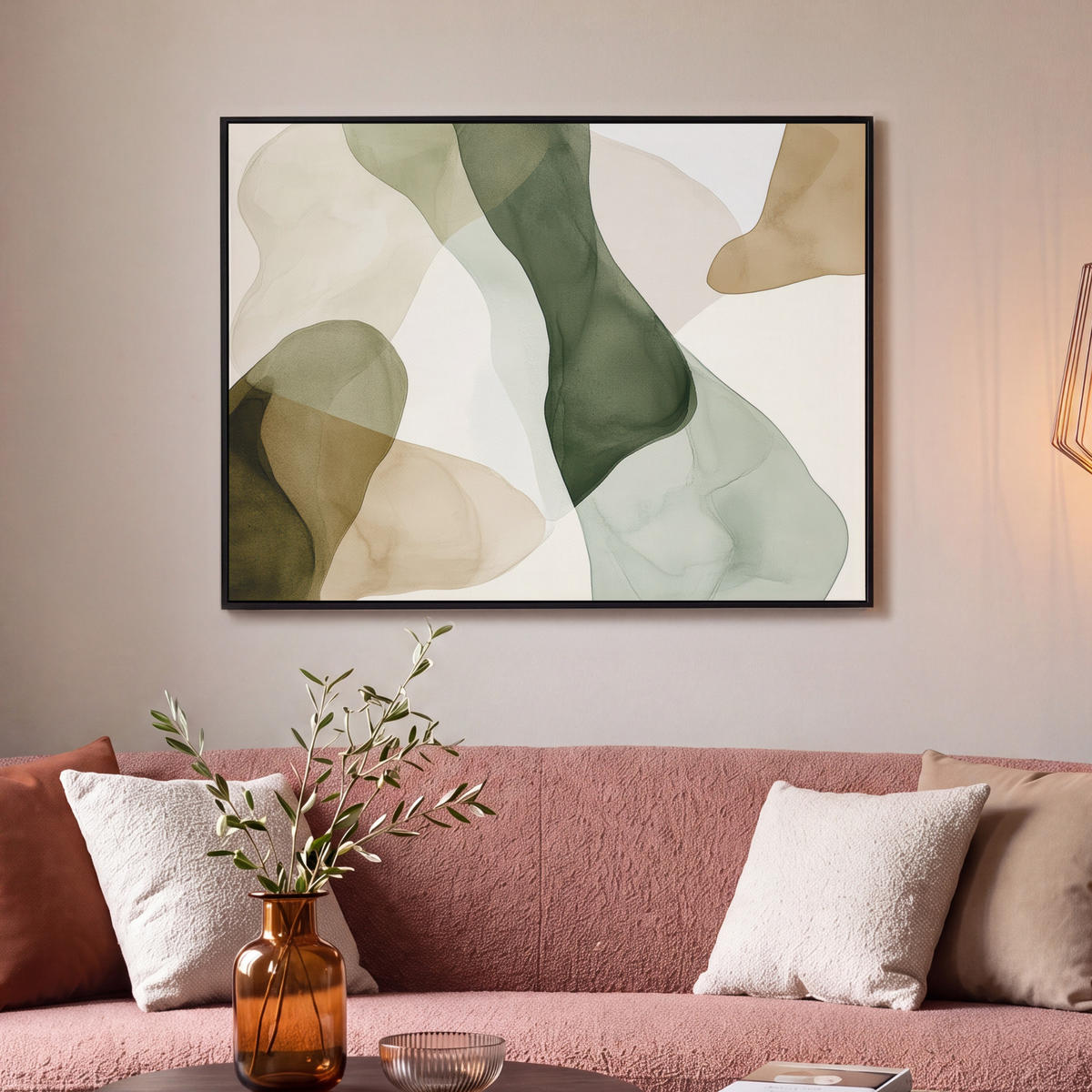 LEINWAND Bilder mit Rahmen - Japandi - Abstrakt - Grün - 100x70 - Salbeigrün, Textil (100/70cm) - MuchoWow
