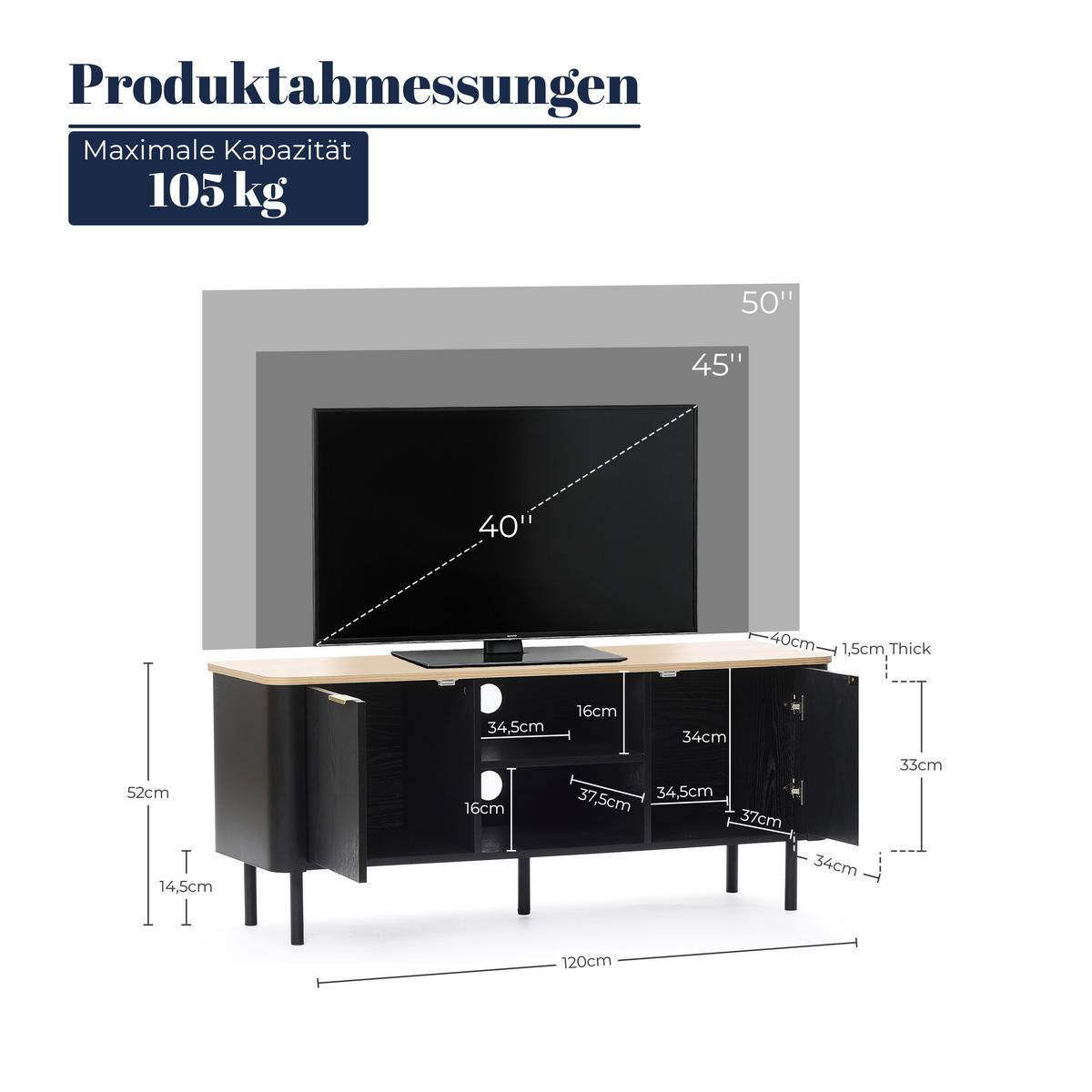 LOWBOARD TV-Schrank Modern, Schwarz & Holz | B120 x T40 x H52 cm - Schwarz, Holzwerkstoff (120/52/40cm) - Hometopia