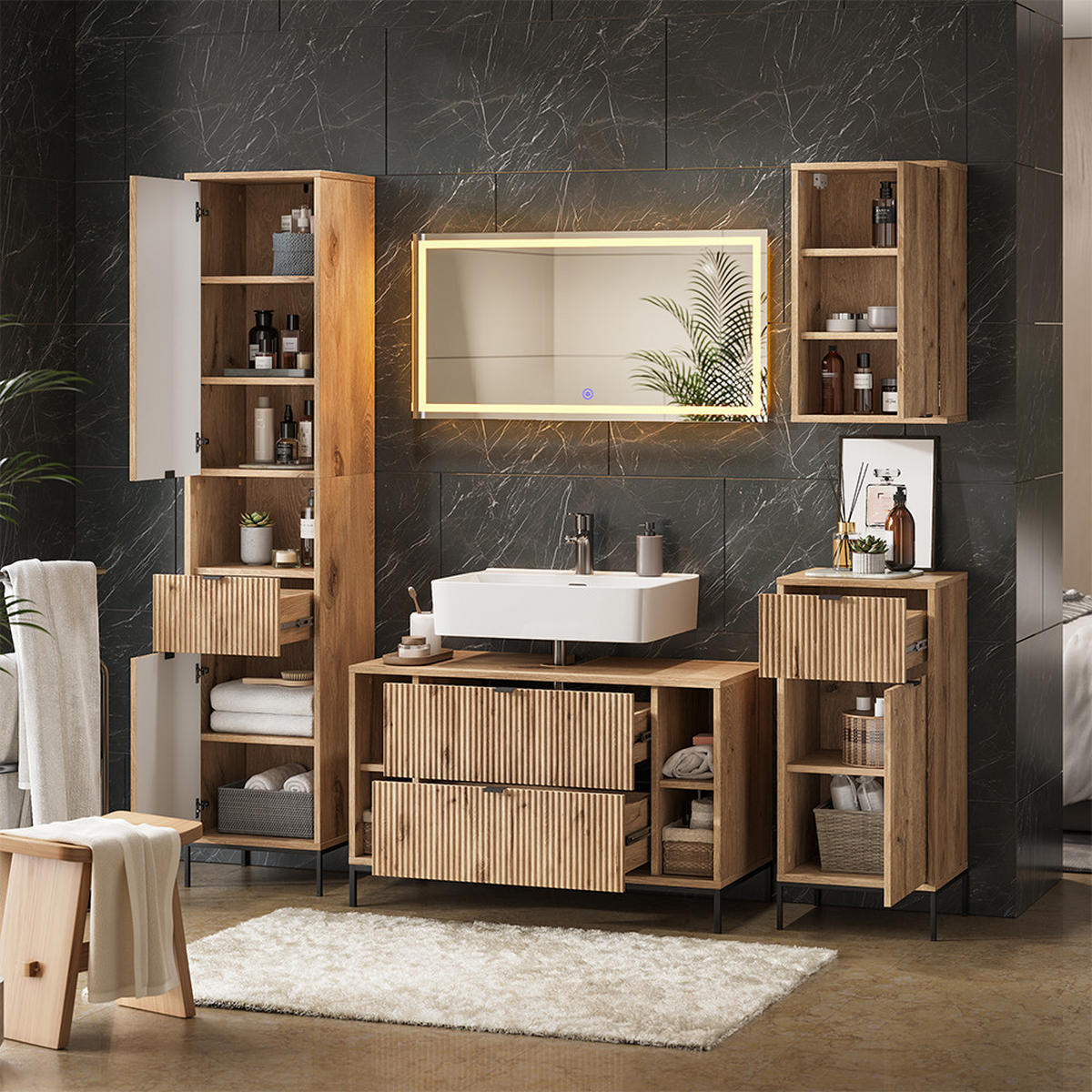 BADMÖBEL-SET Eliza Viking Oak 5 Teile - Eichefarben, Holzwerkstoff (100/63/45.1cm) - Vicco