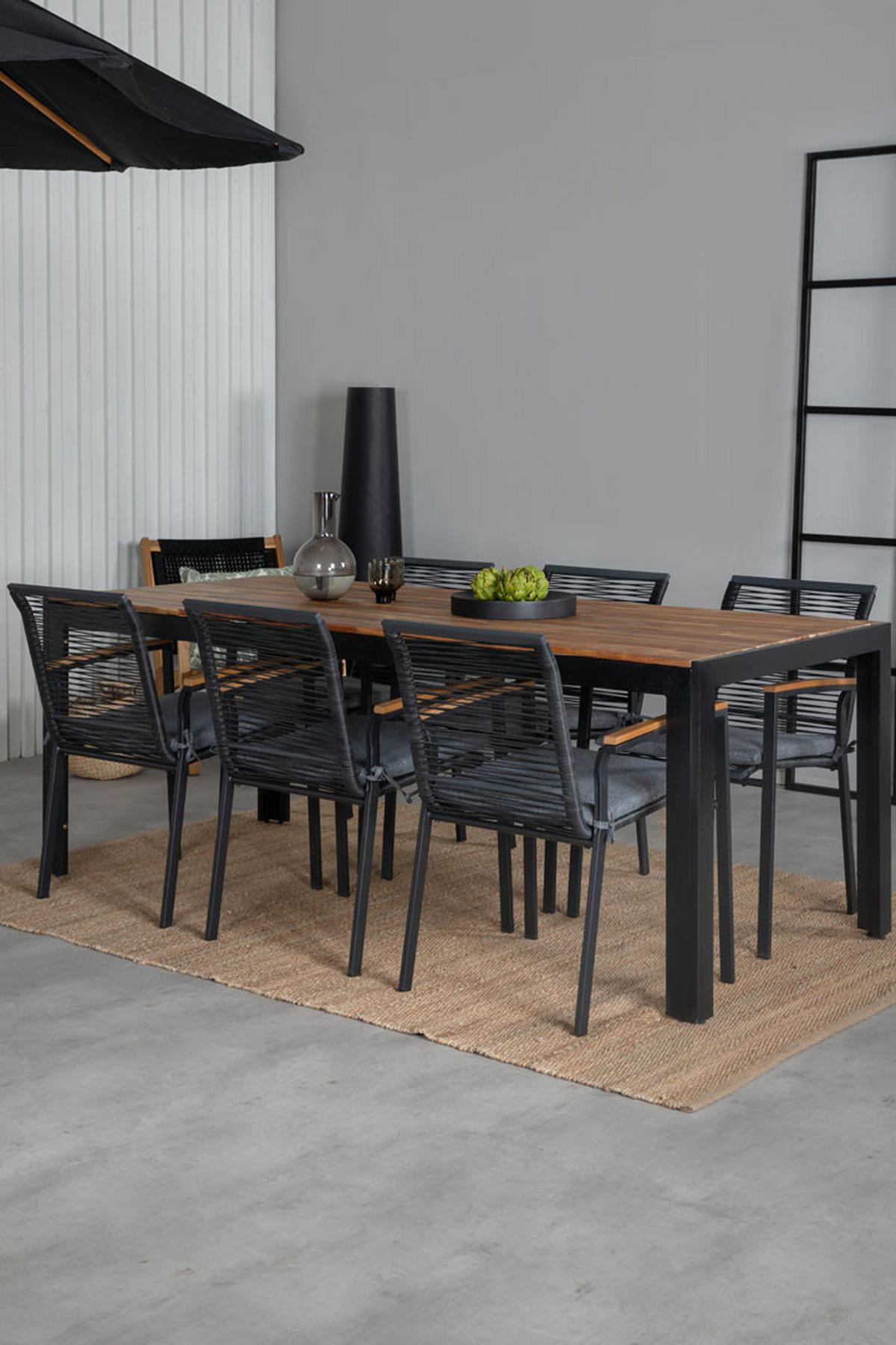 GARTENTISCHGRUPPE, Bois, Tisch Schwarz, Stühle Natur, Metall, 90 x 205 x 76 cm, 7-teilig - Schwarz, Metall - ebuy24