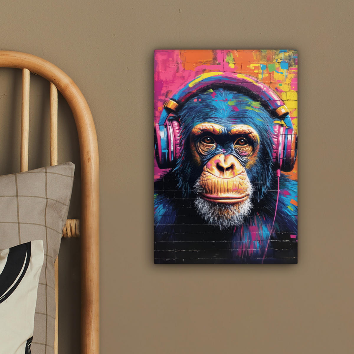 LEINWANDBILD Graffiti - Schimpanse - Straßenkunst - Kopfhörer - Affe 20x30 cm - Blau, Textil (20/30cm) - MuchoWow