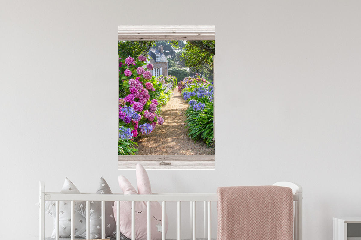 WANDTATTOO Hortensie - Fensterblick - Blumen - Sommer - Lila - Weg 40x60 cm - Lila, Kunststoff (40/60/0.1cm) - MuchoWow