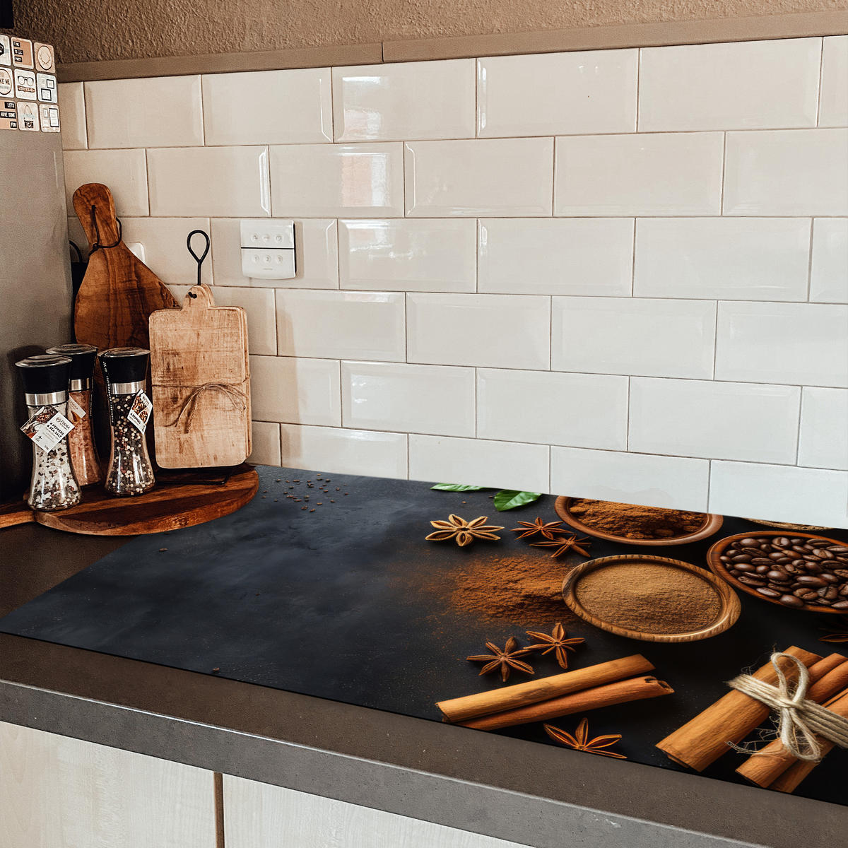 HERDABDECKPLATTE Zimt - Beton - Kaffee - Zimtstangen - Gewürze 91x52 cm - Mokka, Kunststoff (91.6/0.2/52.7cm) - MuchoWow