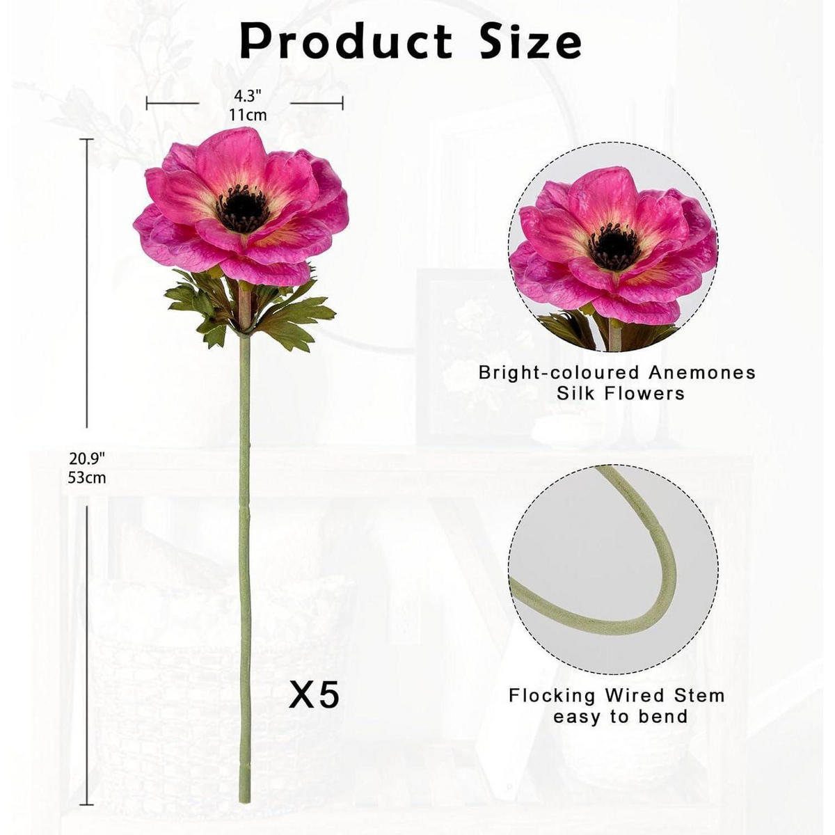 KUNSTBLUMEN 5er Set Anemonen Rosa 53 cm - Rosa, Kunststoff (53cm)