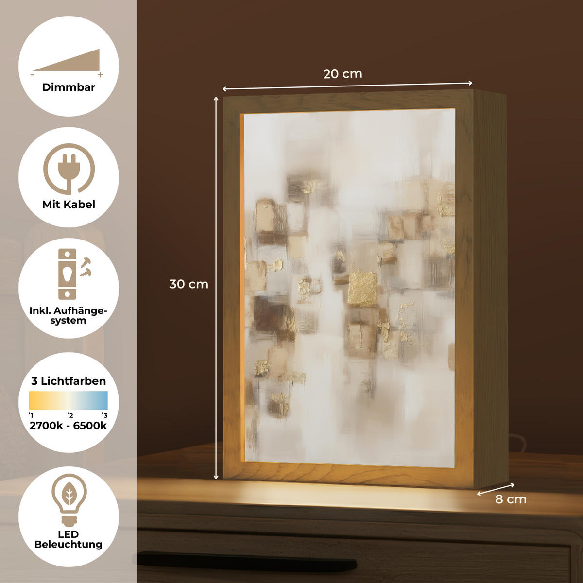 STOLNÍ LAMPA Abstraktní čtverce - zemité tóny - mlhavé 20x30 cm - barva hrušně, kompozitní dřevo (8/20/30cm) - OnlyWow