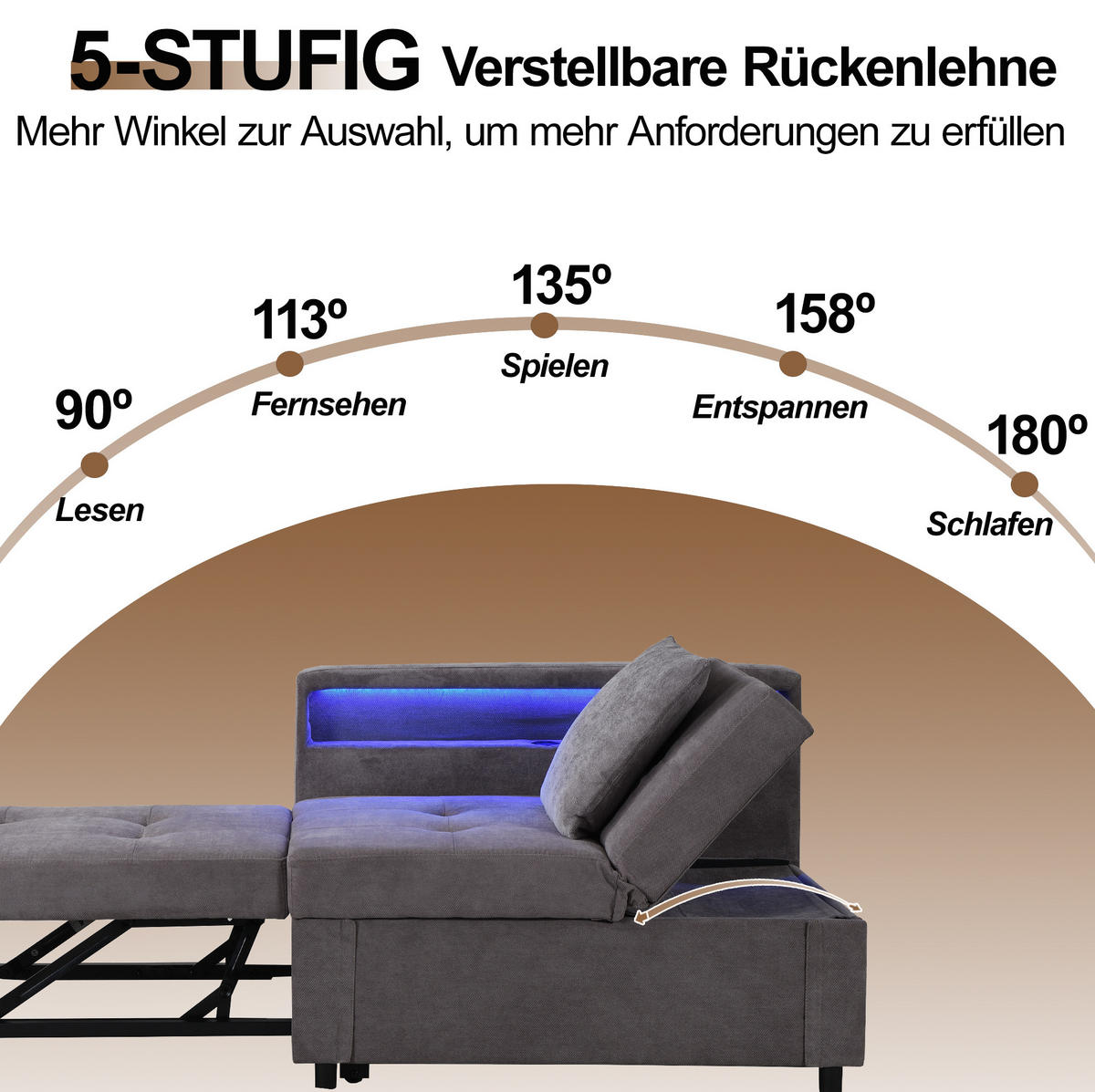 SCHLAFSOFA 3-in-1 Leinenstoff mit 5-fach verstellbarer Rückenlehne und USB-Anschluss Dunkelgrau 177/68/65 cm - Dunkelgrau, Textil (68/65/177cm) - Redom