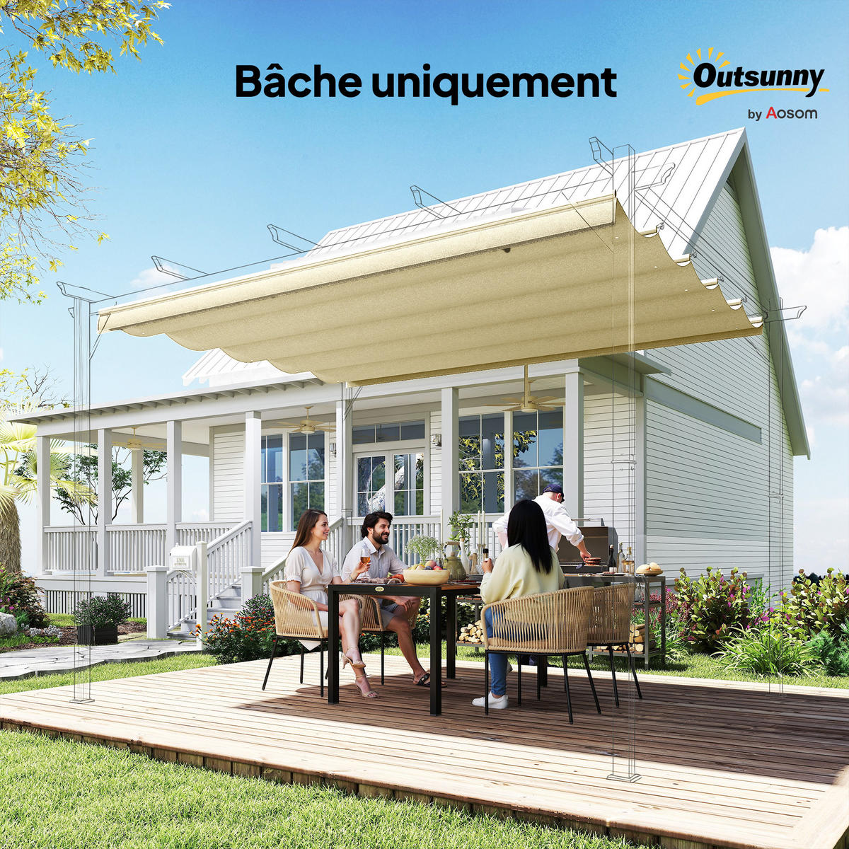 ERSATZDACH DE-12681 250/255 cm für 3x3 m Pergola mit 10 Ösen Creme - Creme, Textil (250/6/255cm) - ComfortXL