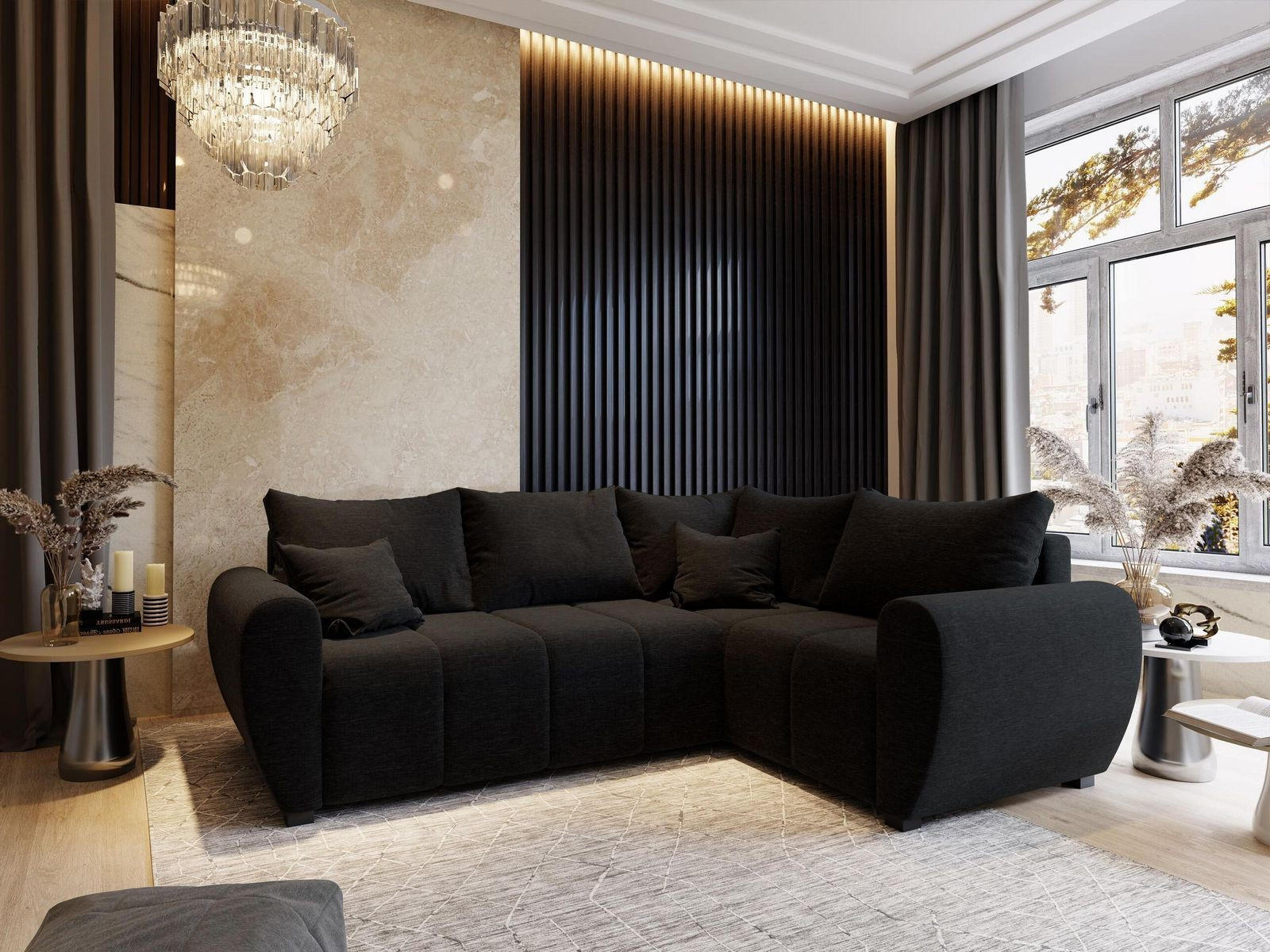 ECKSOFA MADISON L R-S Schwarz Dünner Stoff mit Schlaffunktion - Schwarz, Holz (235/175cm) - MASSENO