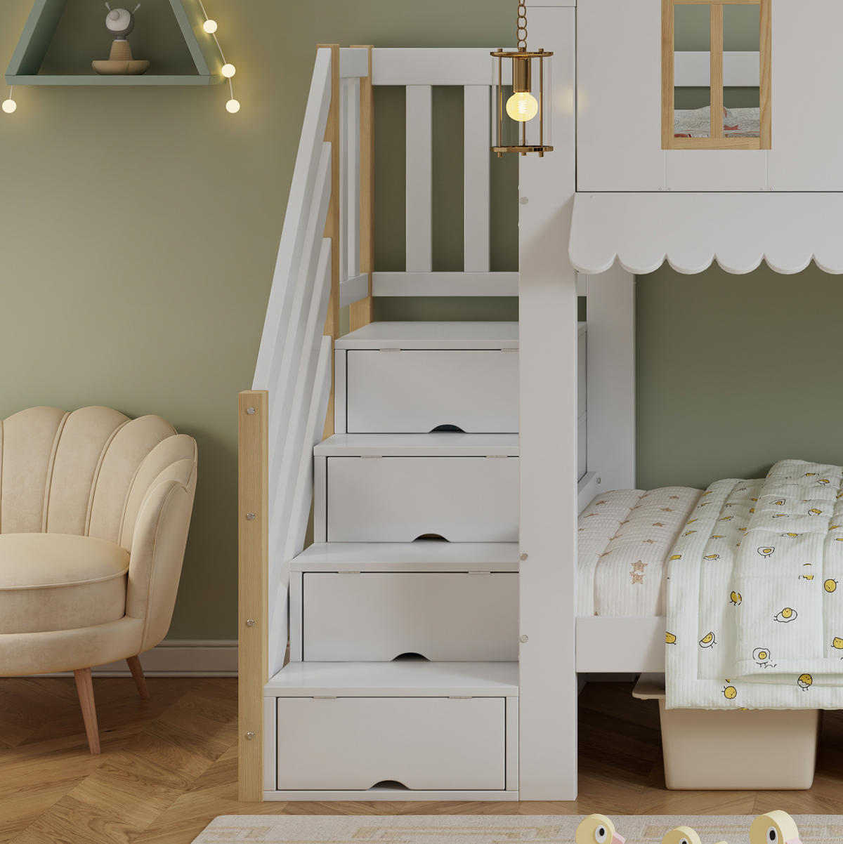 ETAGENBETT 90/200 cm Weiß/Natur mit Aufbewahrungstreppe und Hausdesign - Weiß, Holz (90/200cm) - Flora Grace