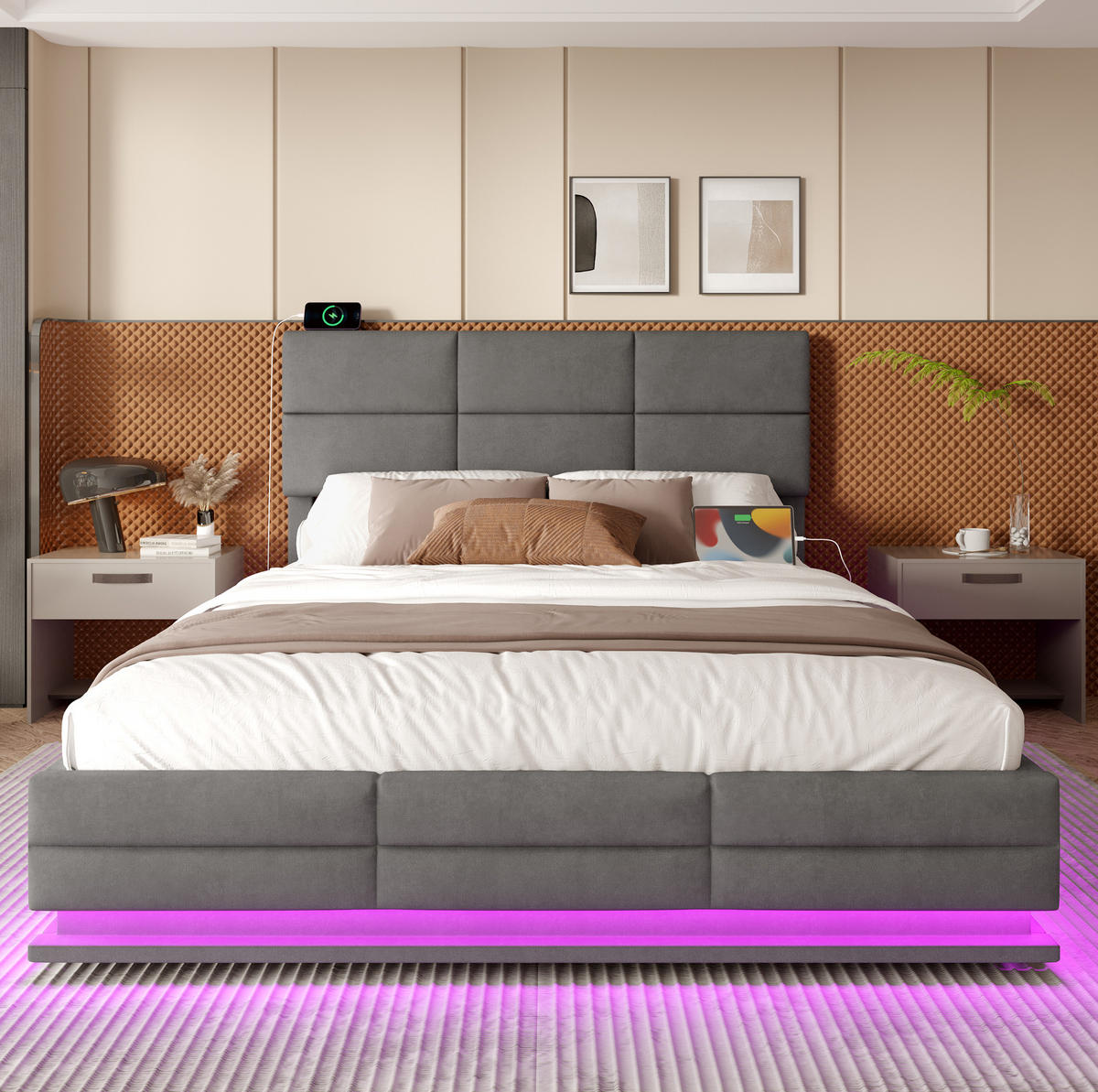 POLSTERBETT 160/200 cm mit LED-Beleuchtung, USB-Anschlüssen, hydraulischem Stauraum und verstellbarem Kopfteil, Dunkelgrau - Dunkelgrau, Textil (160/200cm) - Redom