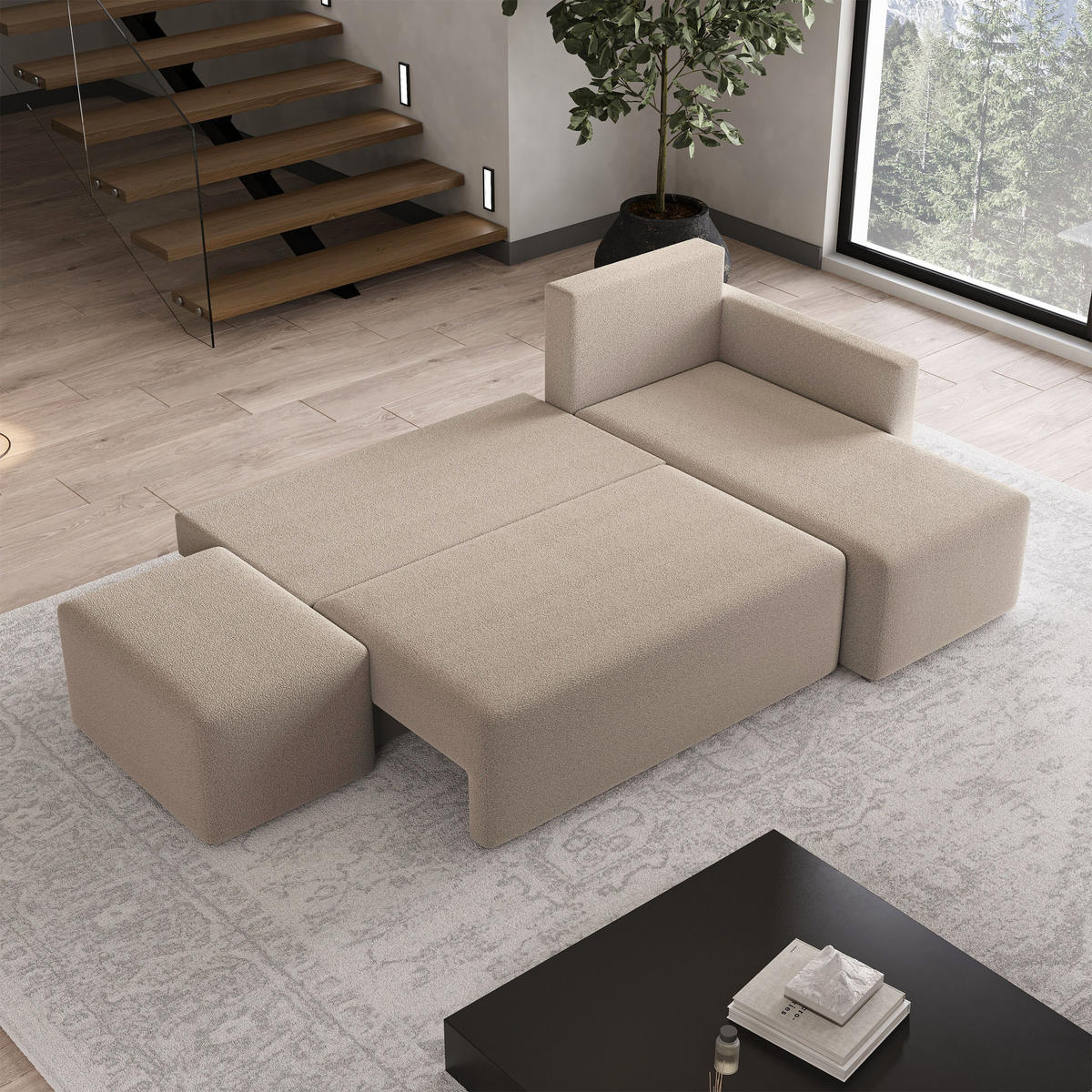 ECKSOFA VELOTTI R-S Beige Boucle-Stoff mit Schlaffunktion - Beige, Holz (261/143cm) - MASSENO