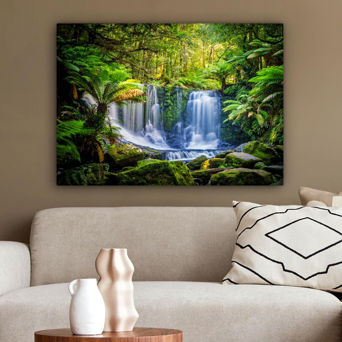 LEINWANDBILD Dschungel - Wasserfall - Australien - Pflanzen - Natur Wandbilder 80x60 cm - Dunkelgrün, Textil (80/60cm) - MuchoWow
