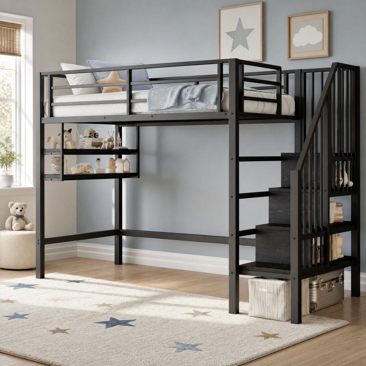 HOCHBETT 90/200 mit Regalen und Stauraumleiter in Schwarz - Schwarz, Holz/Metall (90/200cm) - EVRYAE
