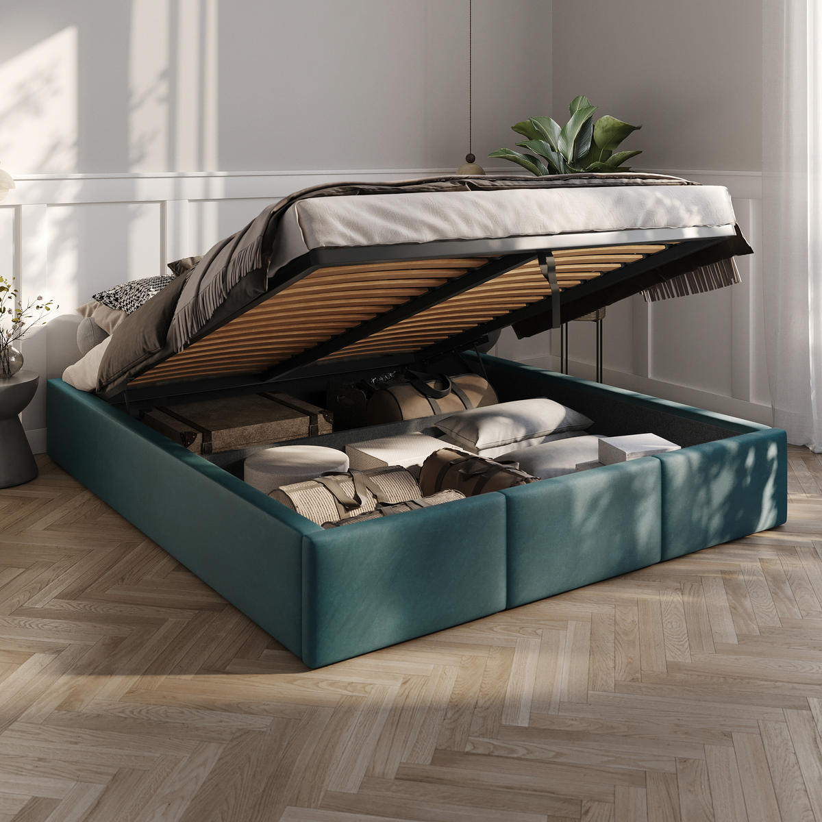 POLSTERBETT für Schlafzimmer Bett mit Stauraum Türkis 160x200cm - Türkis, Holzwerkstoff/Textil - Muralo