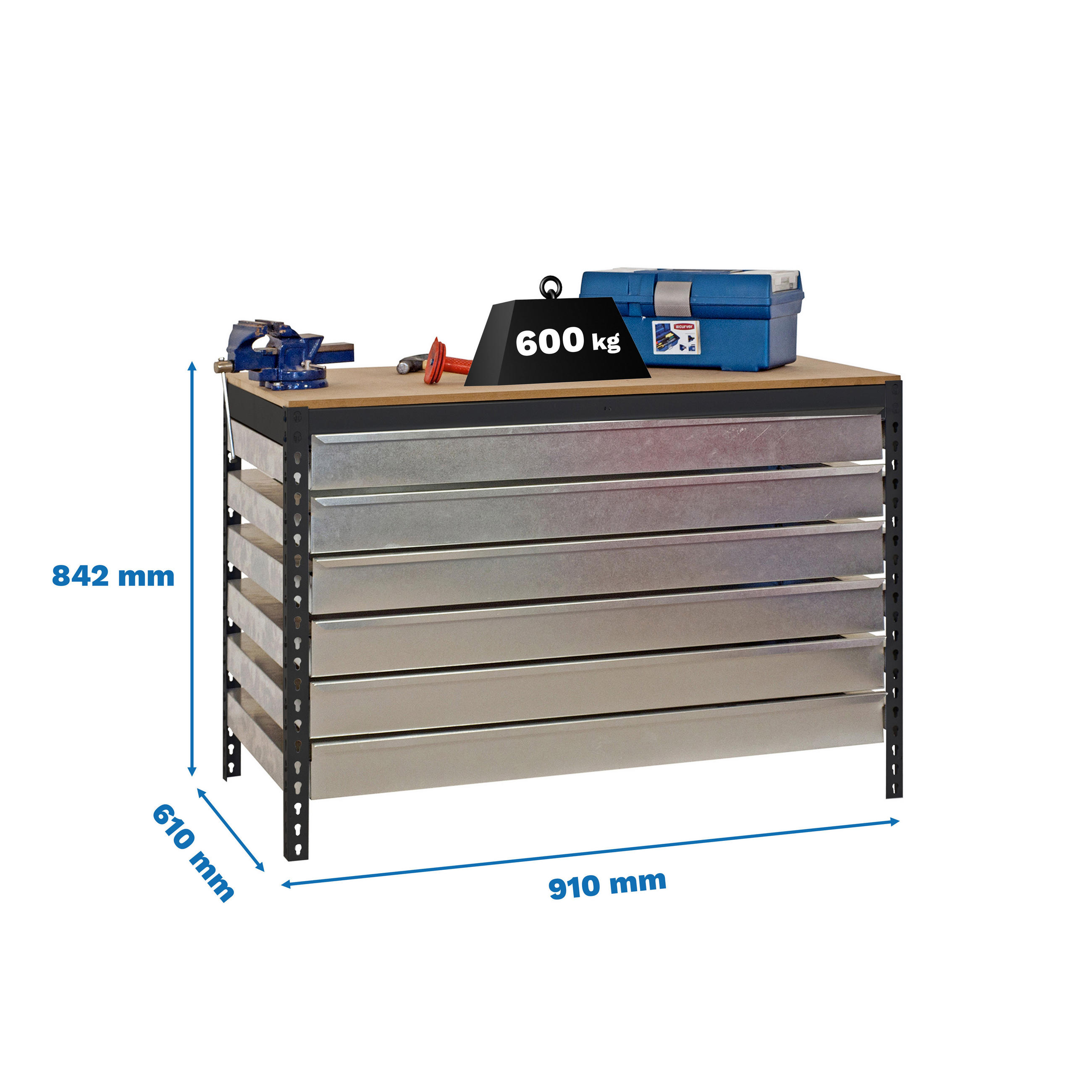 WERKBANK BUFFALO mit Schubfächern | HxBxT 84x90x61cm | Traglast 600kg | Anthrazit - Anthrazit, Metall (90/84/76cm) - PROREGAL