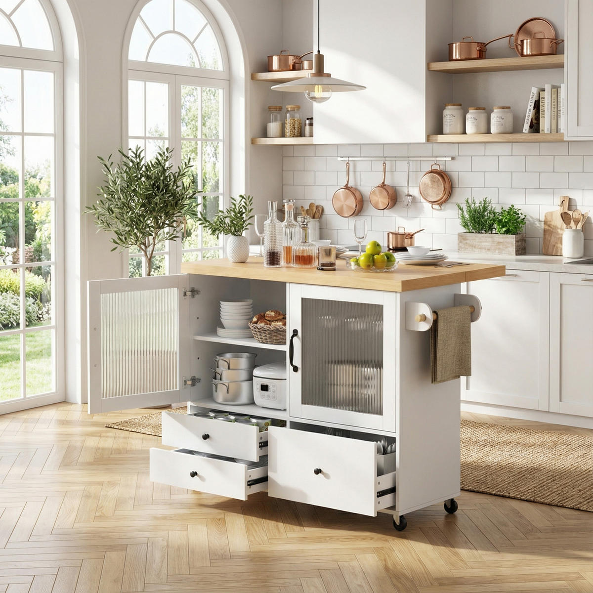 KÜCHENINSEL Mobile 100cm in Weiß & Natur - Weiß, Holzwerkstoff (100/92/42cm) - Urban Meuble